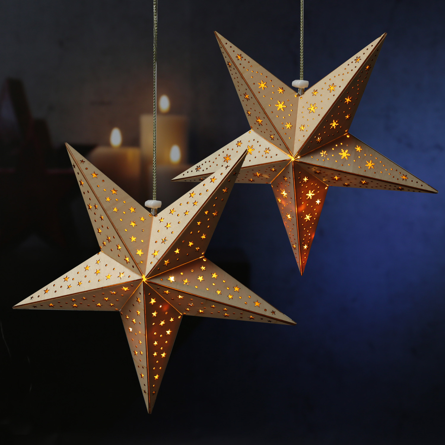 LED Holzstern - mit Sternenmuster - hängend - 5-zackig - 10 warmweiße LED - D: 40cm - Timer