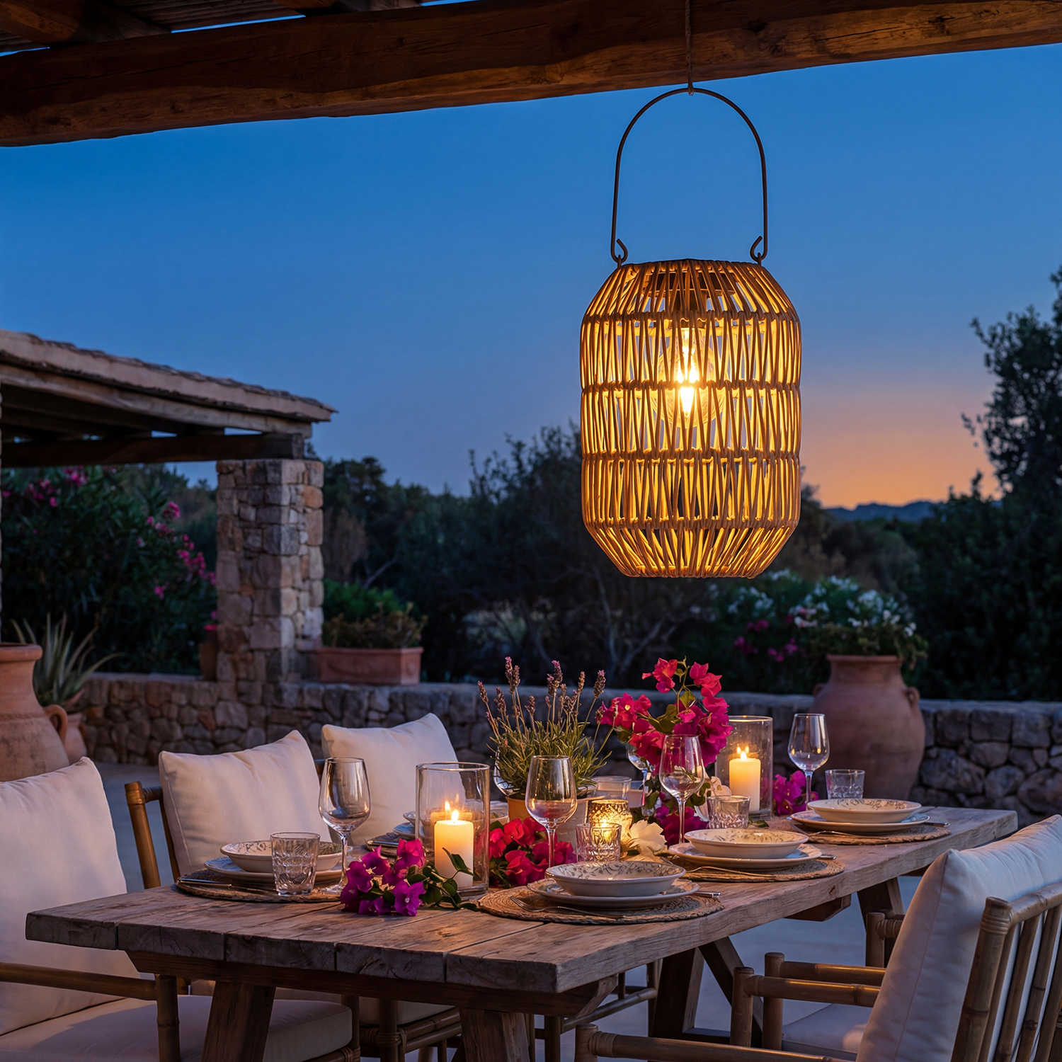 LED Solar Laterne - Tischleuchte in Korboptik - warmweiß - H: 24,5cm - Lichtsensor - natur