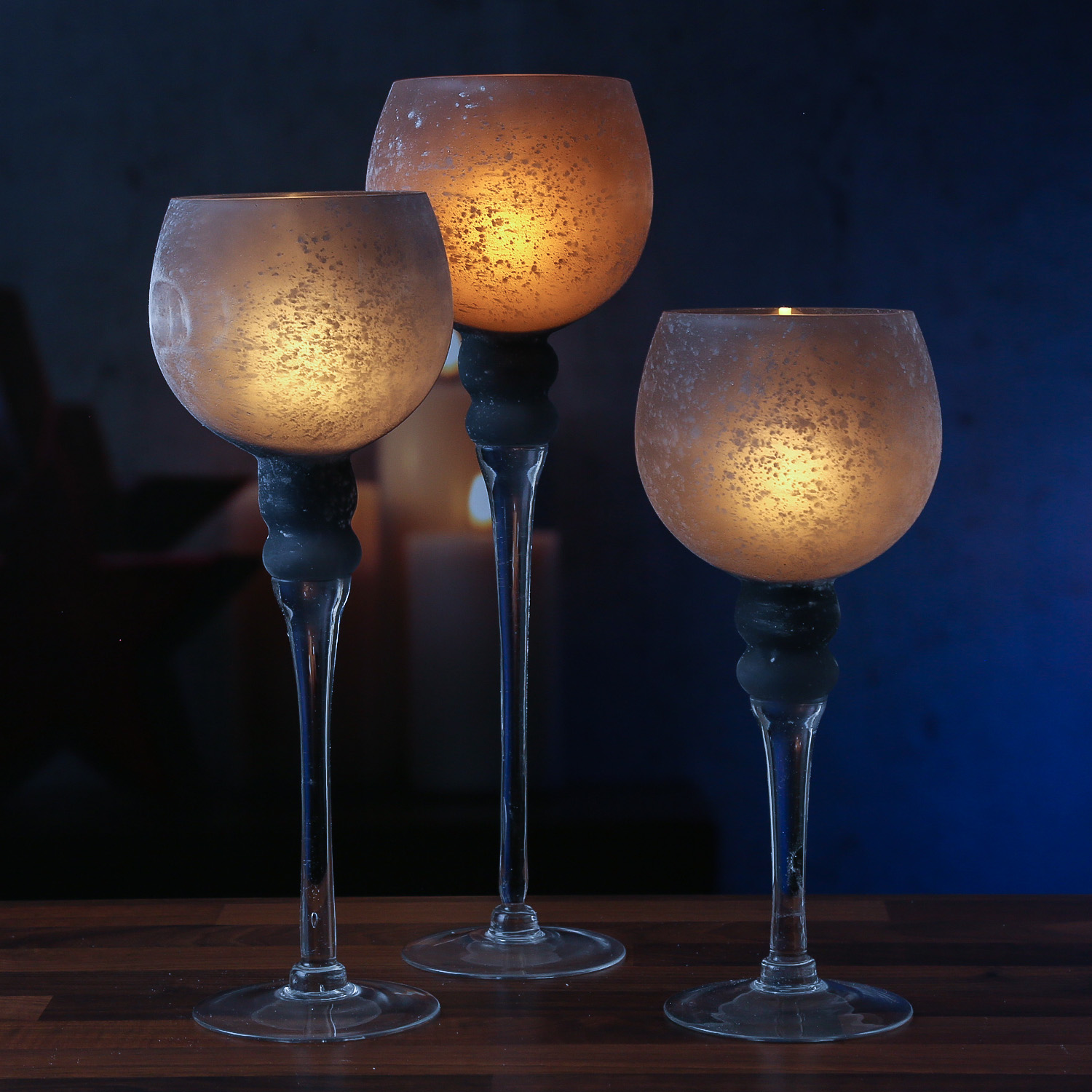 Kerzenhalter Kelch FROST - Windlicht - Glas - 3 Höhen - gefrostet und  grau satiniert - 3er Set