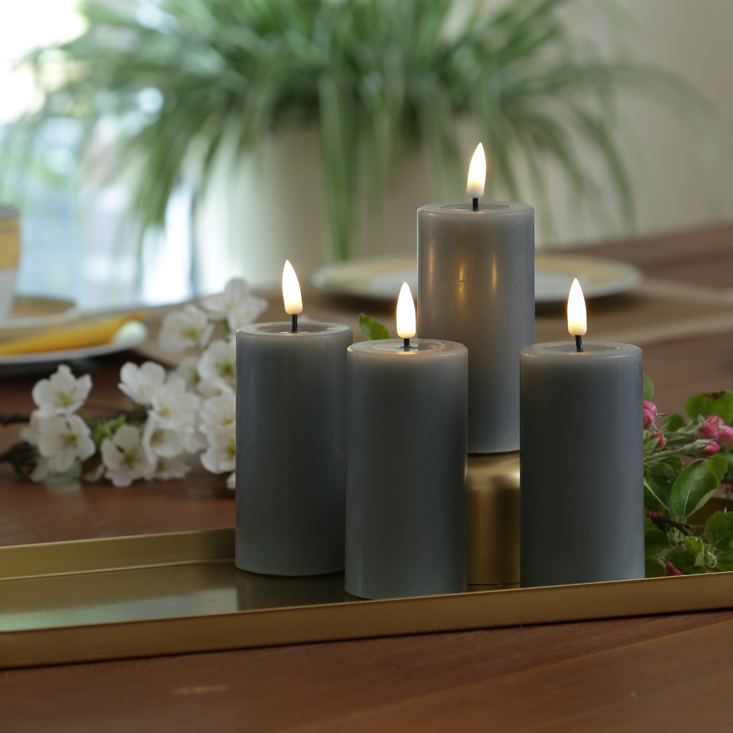 LED Kerzenset MIA - Echtwachs - H: 10cm/D: 5cm - mit Batterien/Fernbedienung - grau - 4er Set