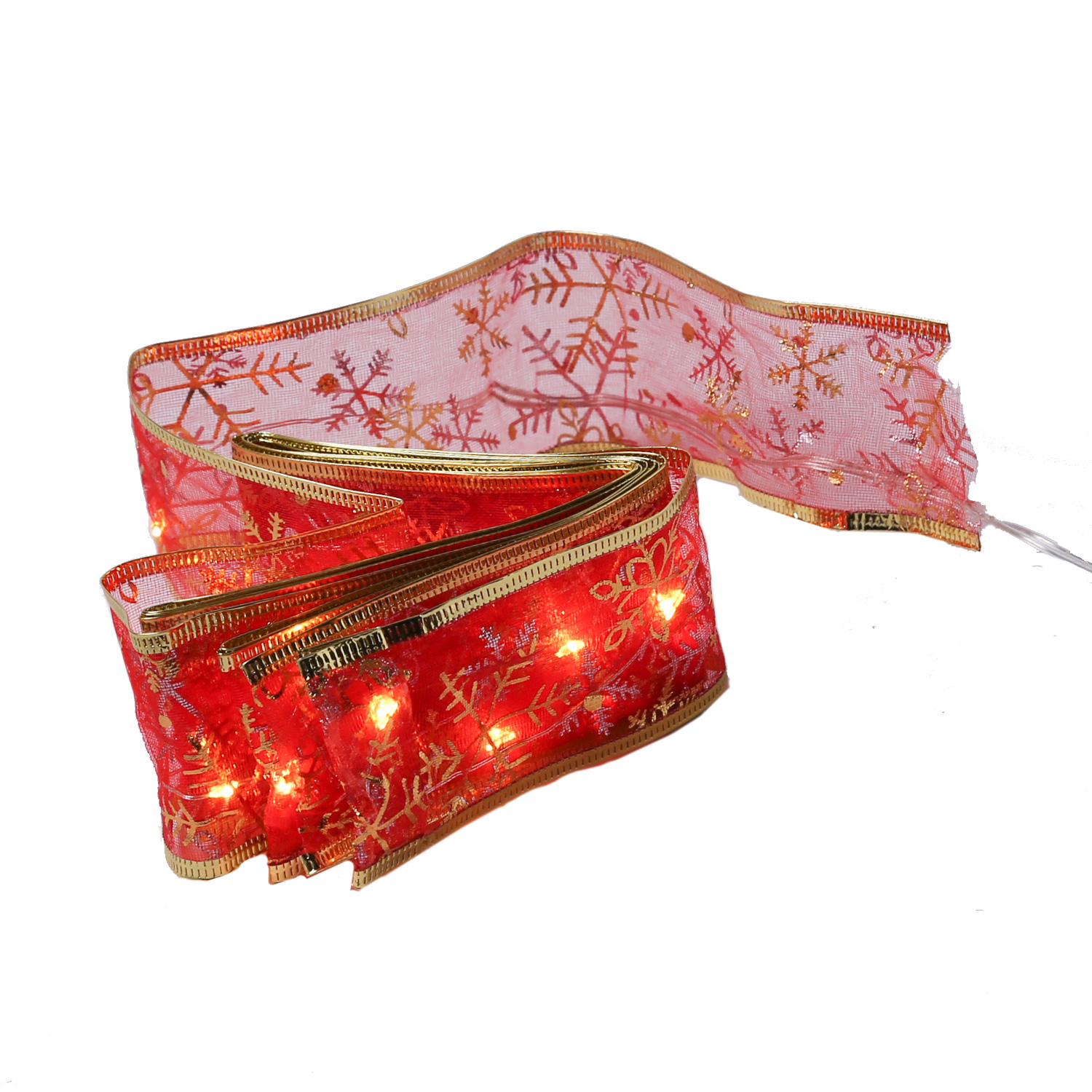 LED Seidenband Lichterkette - Geschenkband - Schneeflockenmotiv - 30 LED - L: 2,7m - Batterie - rot
