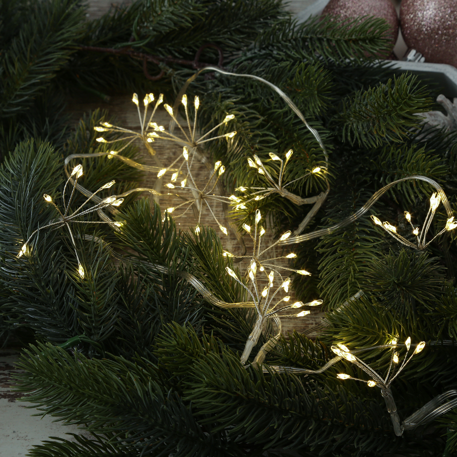 LED Lichterkette Pusteblume - Feuerwerk Blume - 90 Tautropfen LED - 9 Blüten - L:2m - Timer - silber