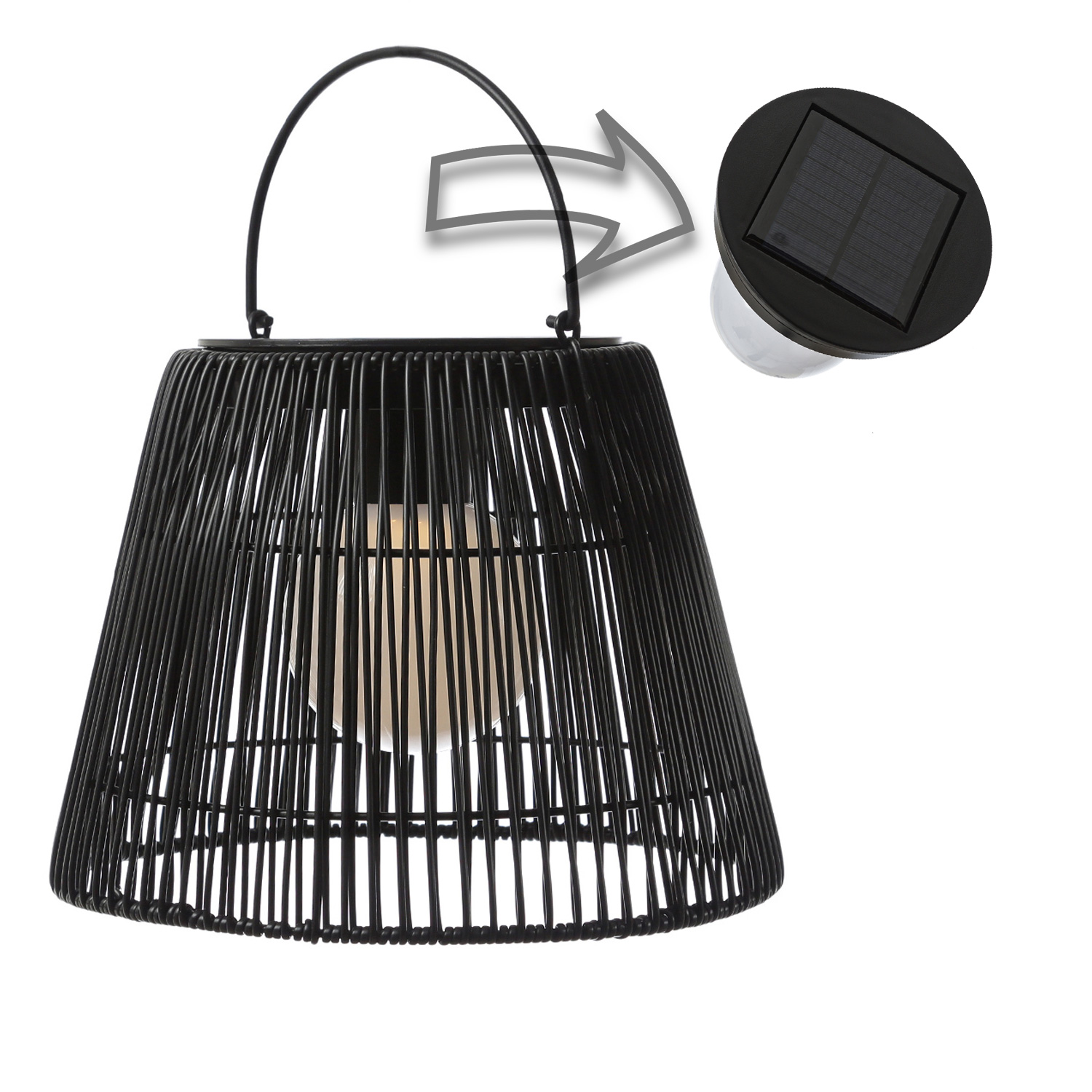 LED Solar Laterne-Haengeleuchte - Rattanoptik  - warmweisse LED - H- 22cm - Lichtsensor - schwarz