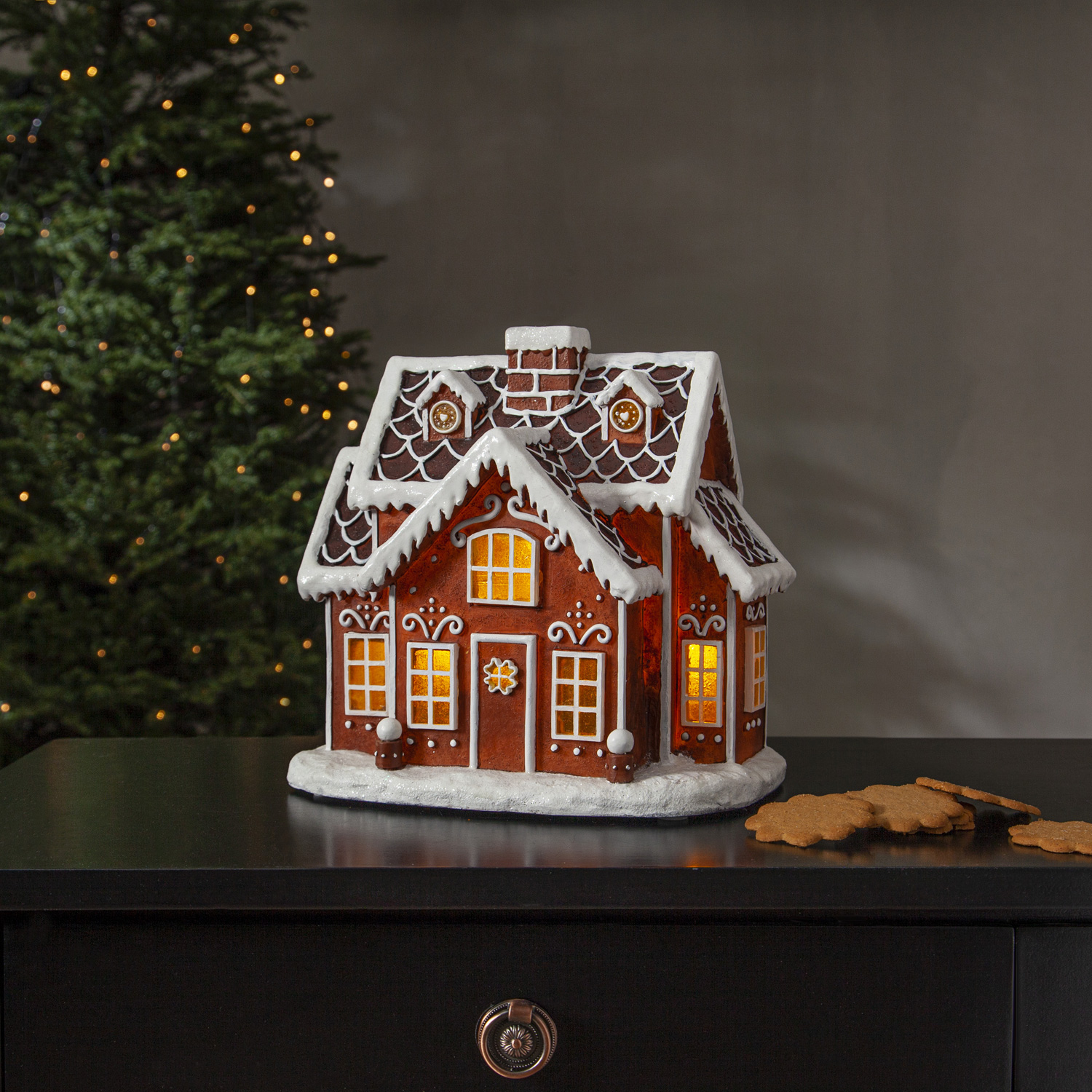 LED Lebkuchenhaus - 3 warmweiße LED - H: 24,5cm - Timer - Batterie oder Trafo - braun