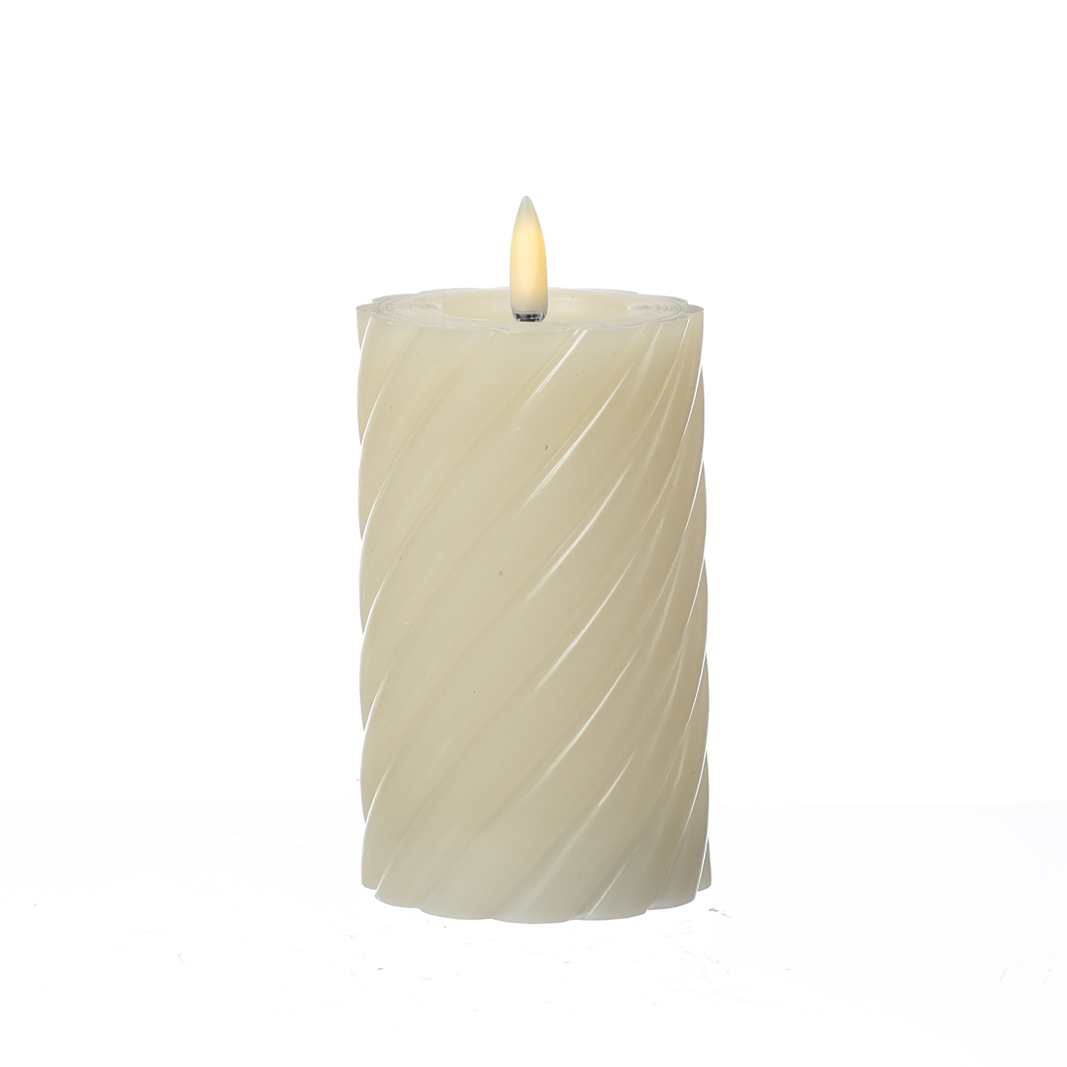 LED Stumpenkerze TWIST - Echtwachs - warmweiße 3D Flamme - H: 15cm - Batterie - Timer - creme