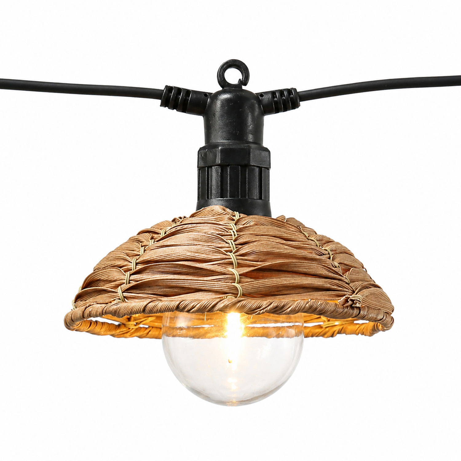 LED Lichterkette BOHO - 6 beluchtete Lampenschire in Korbgeflecht-Optik aus Kunststoff - L: 3,5m