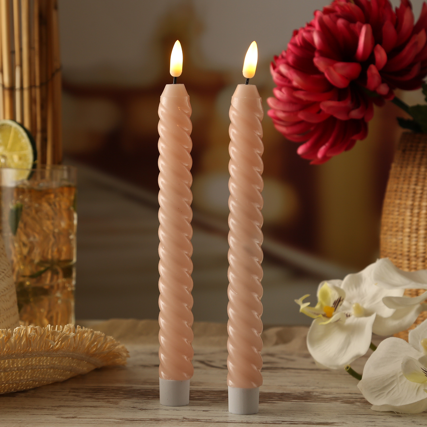 LED Stabkerzen SWIRL - Echtwachs - flackernde 3D Flamme - H: 25cm - Timer - rosa - 2er Set