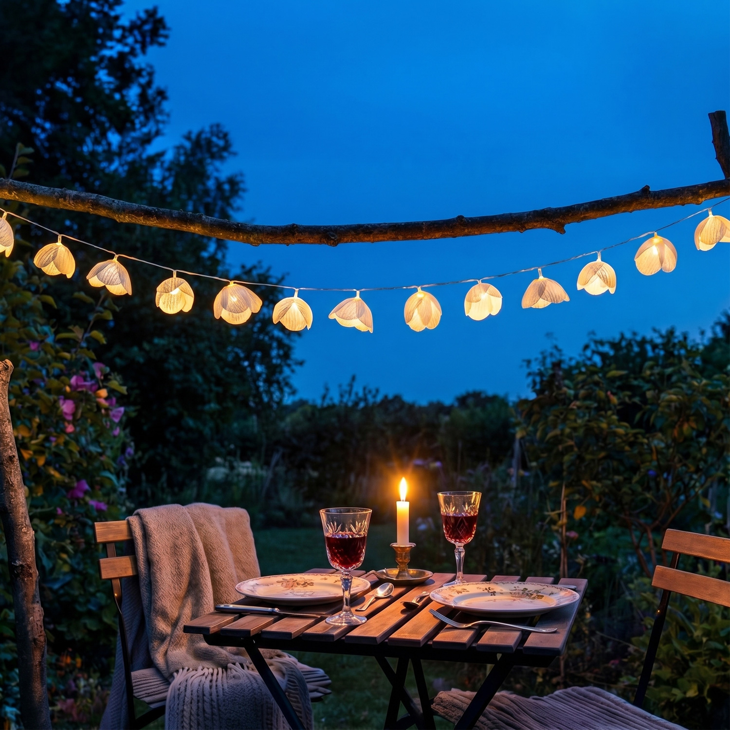 LED Lichterkette Blumen - 15 weiße Blüten - Batterie/Timer - L: 1,4m - Innen/Außen