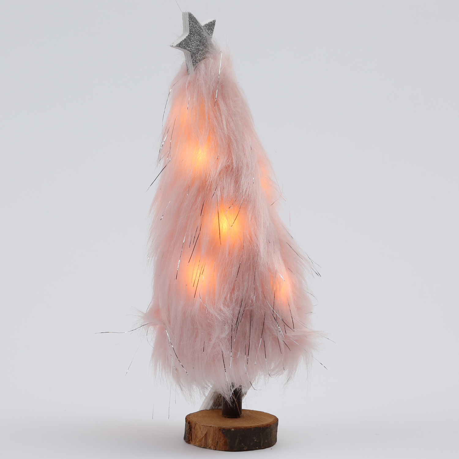 LED Dekobaum PLÜSCH - Holz - Plüschfell - warmweiße LED - Sternspitze - H: 27,5cm - Batterie - rosa
