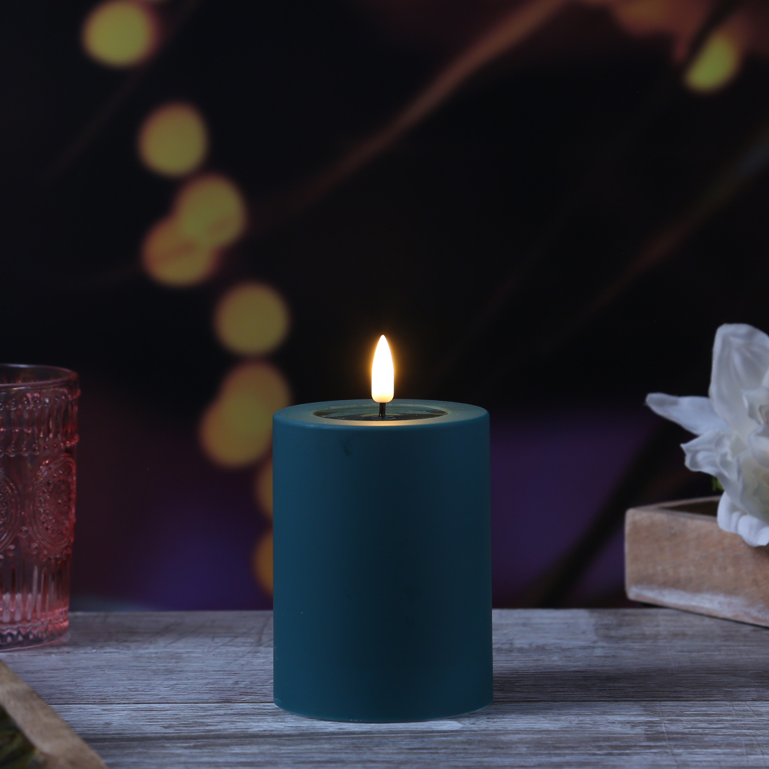 LED Stumpenkerze MIA - Kunststoff - realistische 3D Flamme - H: 10cm - für Außen - dunkelgrün