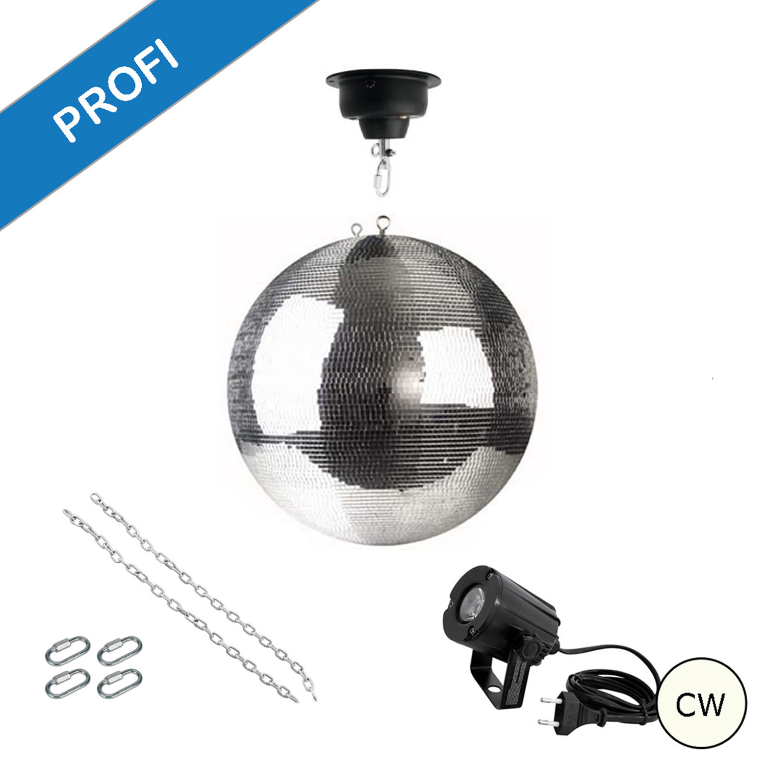 Spiegelkugel Komplettset - Discokugel, Motor, Pinspot, Montagematerial für Diskokugel - Mirrorball Set - Partyset