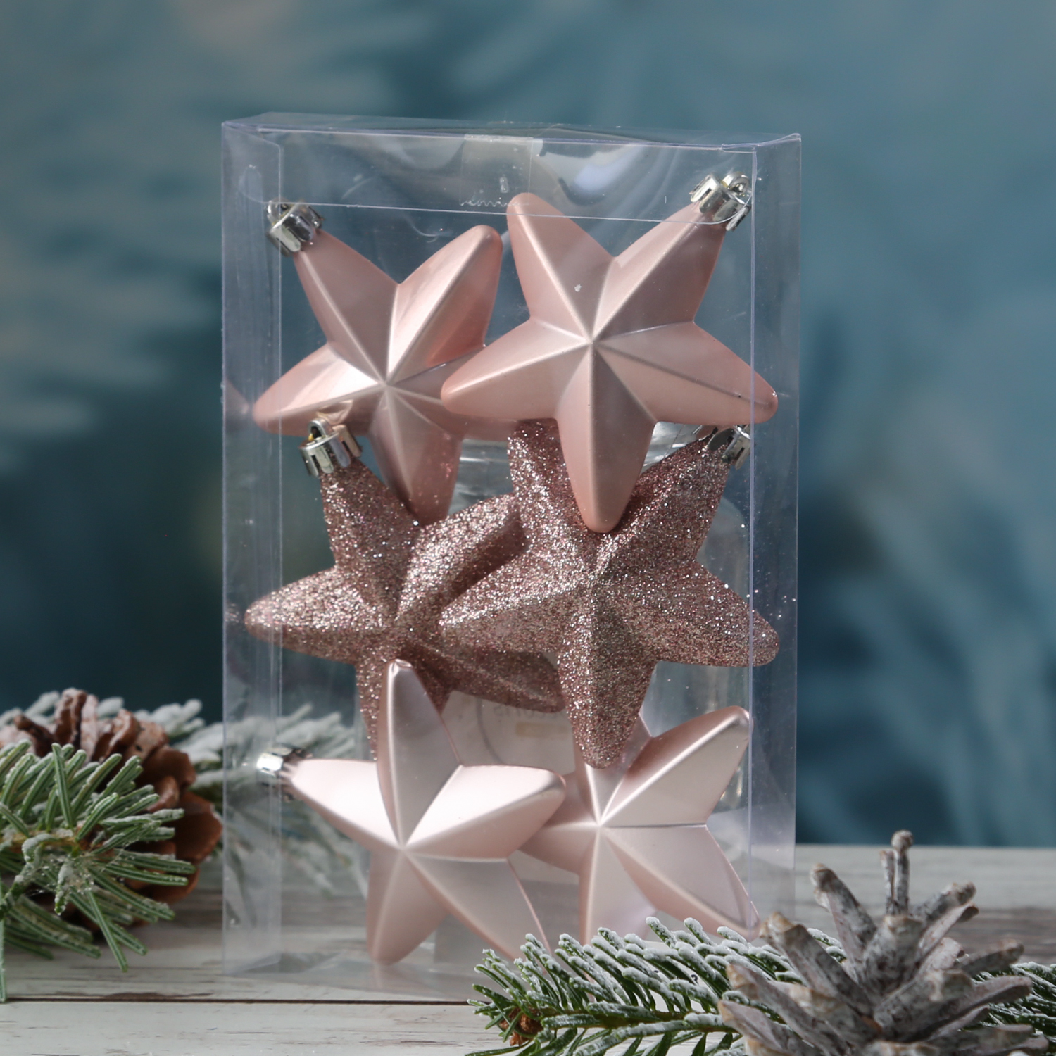 Christbaumschmuck STERN - Weihnachtsschmuck - bruchfest - glänzend matt glitzernd - puderrosa - 6St