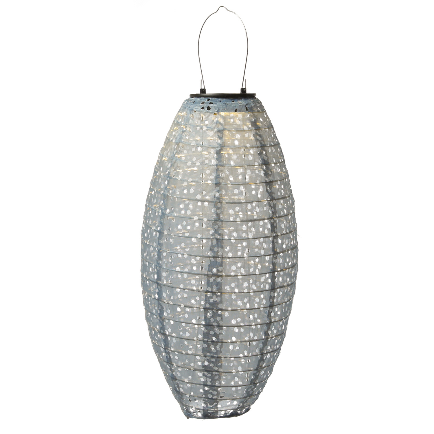 LED Solar Lampion oval - mit Blumenmuster - warmweiße LED - H: 40cm - D: 20cm - Lichtsensor - blau