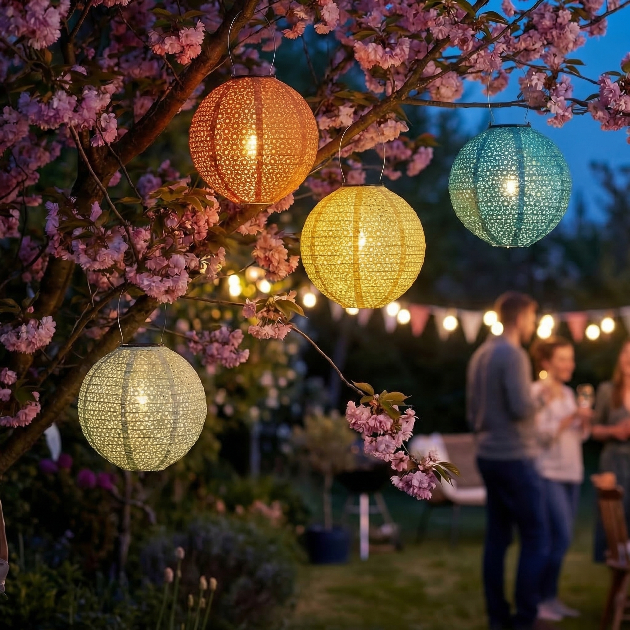 LED Solar Lampions - mit Blumenmuster - warmweiß - H: 25cm - D: 25cm - Lichtsensor - bunt - 4er Set