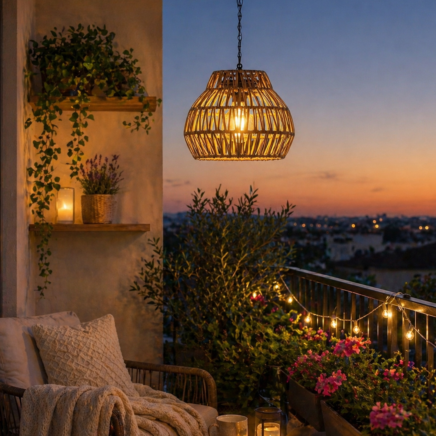 LED Solar Hängeleuchte - Lampenschirm aus Kunststoffseil - warmweiße LED - H: 18cm - Lichtsensor