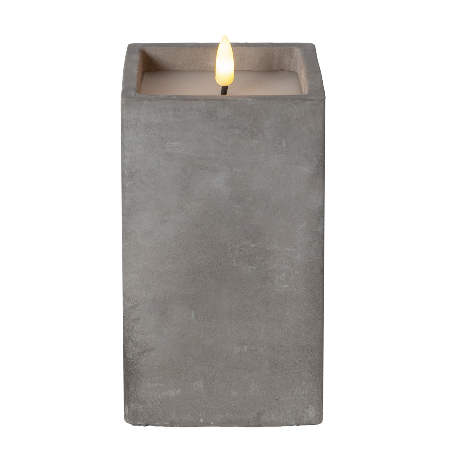 LED Kerze Flamme in Betontoptik - Zement/Echtwachs - flackernde 3D Flamme - Timer - H: 16,5cm - grau