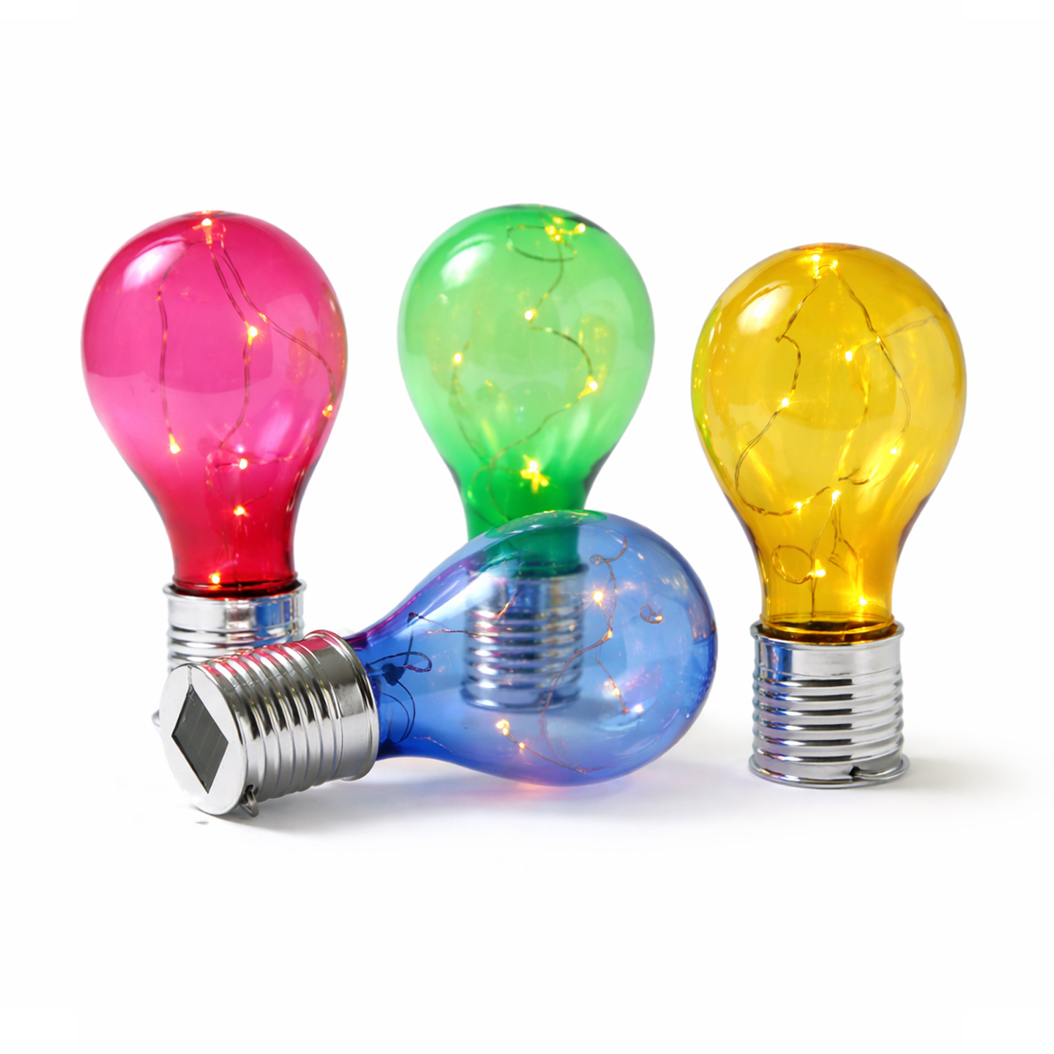 LED Solar Glühbirnen GLOW - warmweiße LED Drahtlichterkette - H: 14cm - Lichtsensor - buntes 4er Set