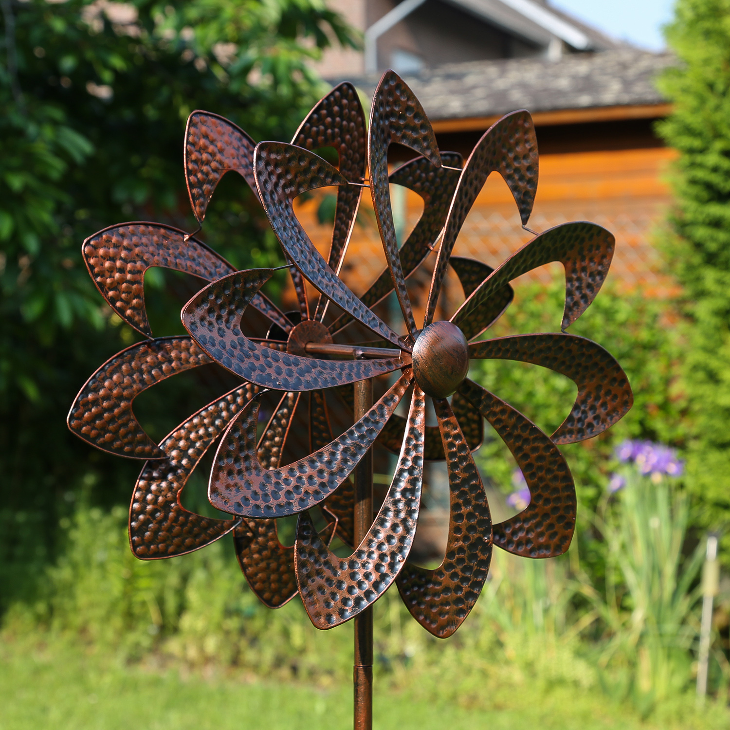 Doppel Windrad ANTIK - Gartendeko - Metall - Erdspieß - H: 140cm - kupferfarben