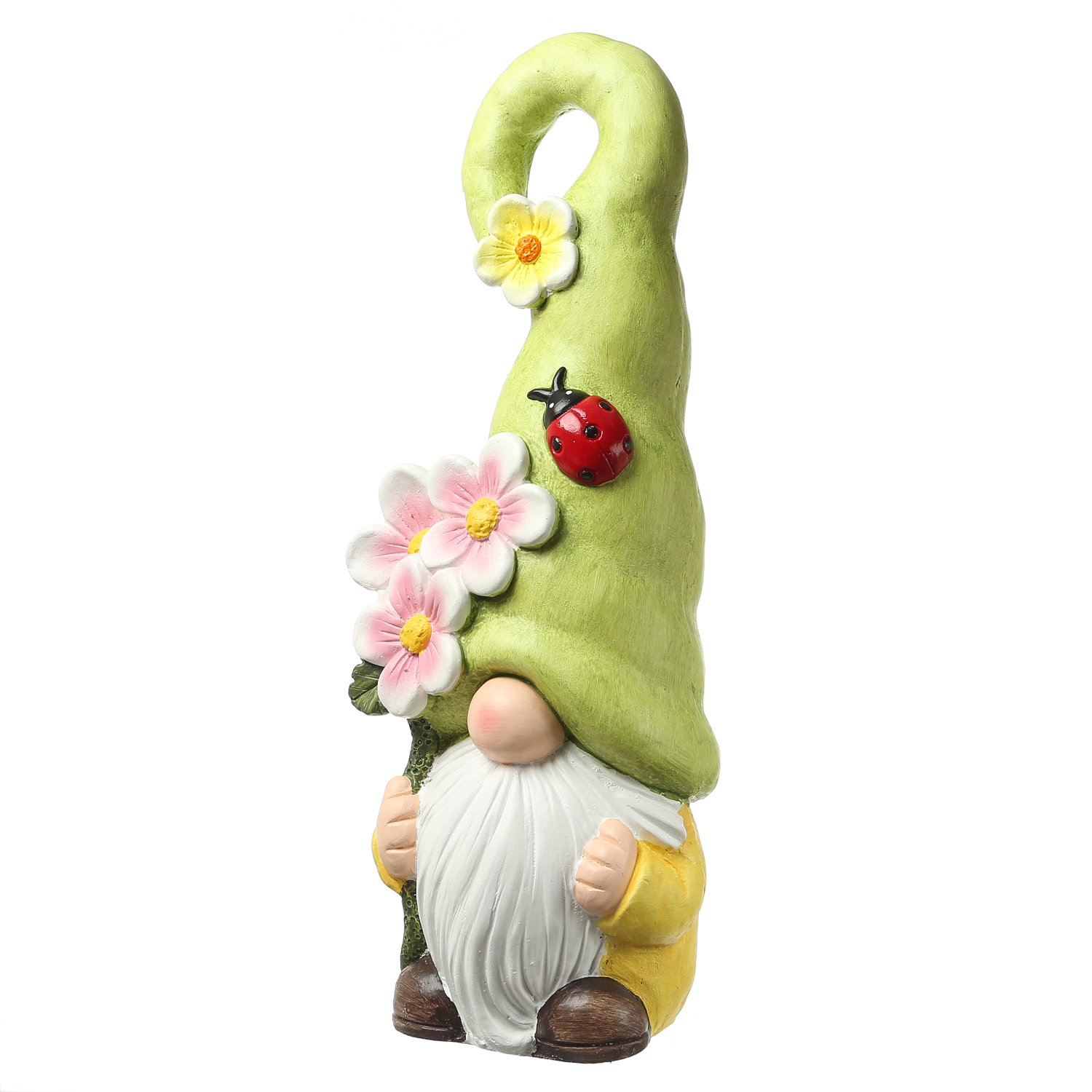 Gartenzwerg mit grüner Zipfelmütze und Blumen - XL Gartenfigur - Polyresin - H: 49cm