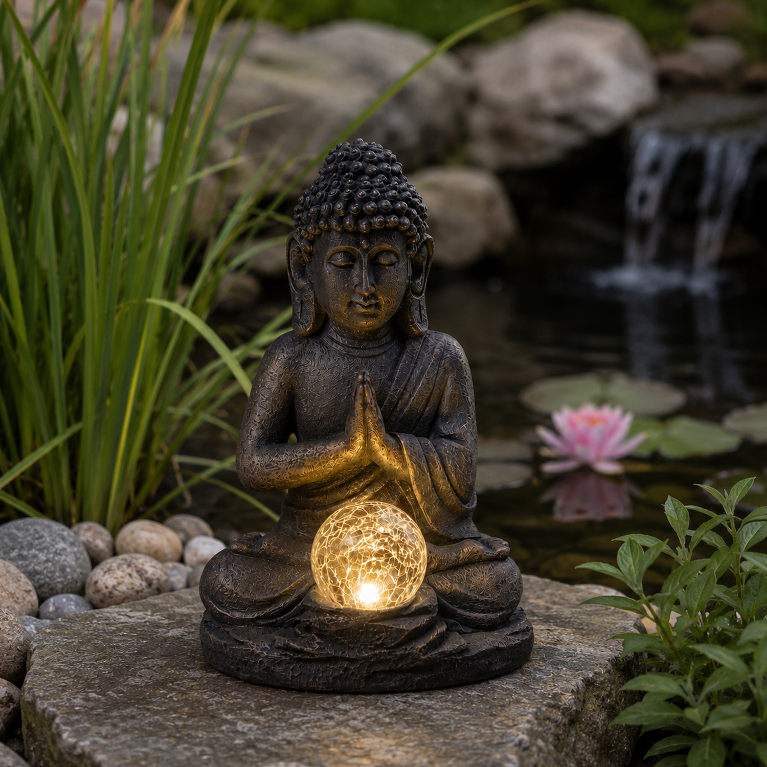 LED Solar Buddha - meditierende Buddhafigur - Polyresin - H: 27cm - Dämmerungssensor