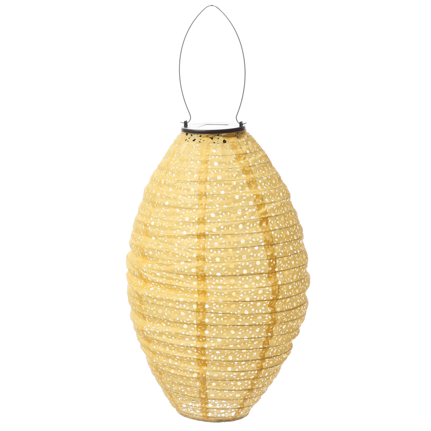 LED Solar Lampion oval - mit Blumenmuster - warmweiße LED - H: 38cm - D: 23cm - Lichtsensor - gelb