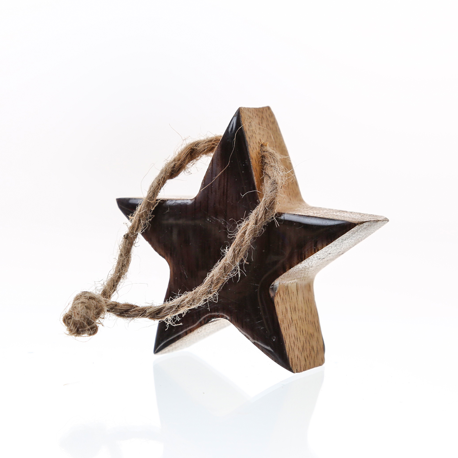 Holzstern - Dekostern - Mangoholz - mit Kordel - einseitig emailliert - H: 5,5cm - natur, schwarz