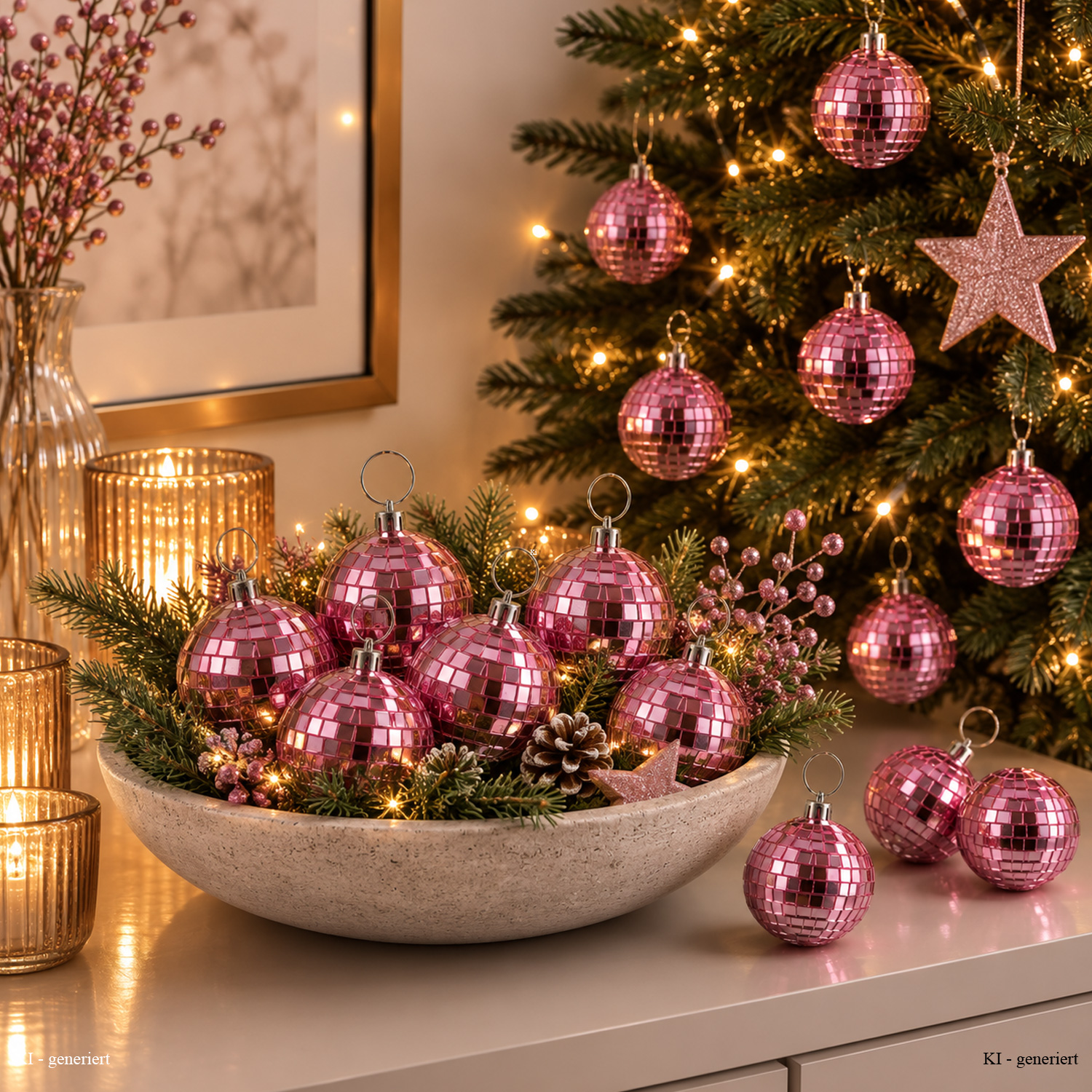 Christbaumschmuck Discokugel - Spiegelkugel - Weihnachtskugel - 5x5mm Spiegel - D: 5cm - rosa