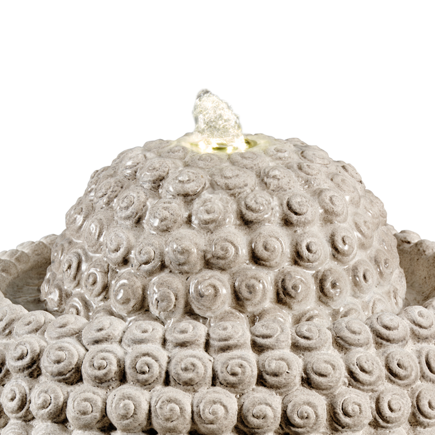 LED Brunnen Buddhakopf - Gartenbrunnen - GRC Beton - 6 warmweiße LED - H: 40cm - Außen - grau