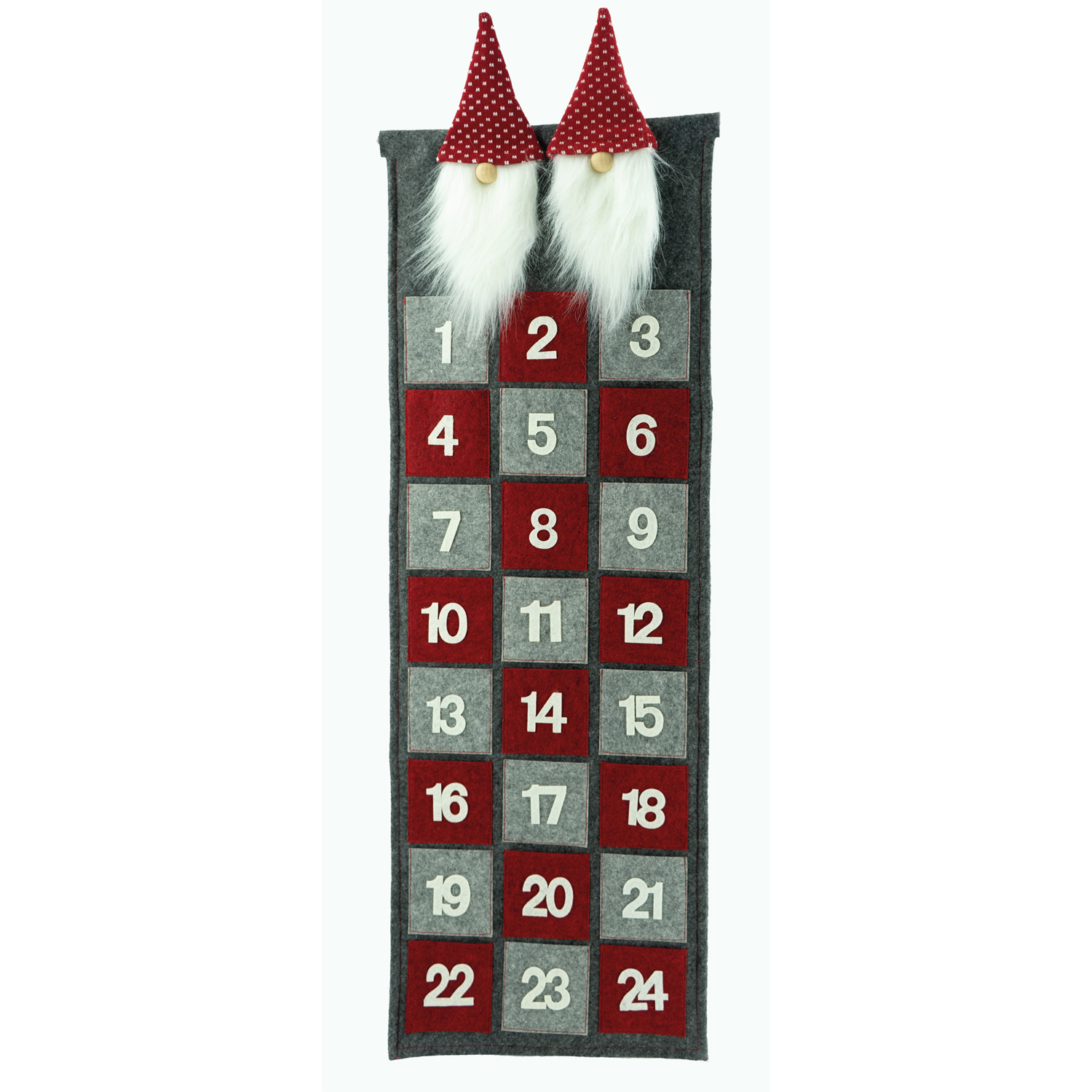 Adventskalender WICHTEL - zum Aufhängen und befüllen - Filz - L: 81cm - grau, rot, weiß
