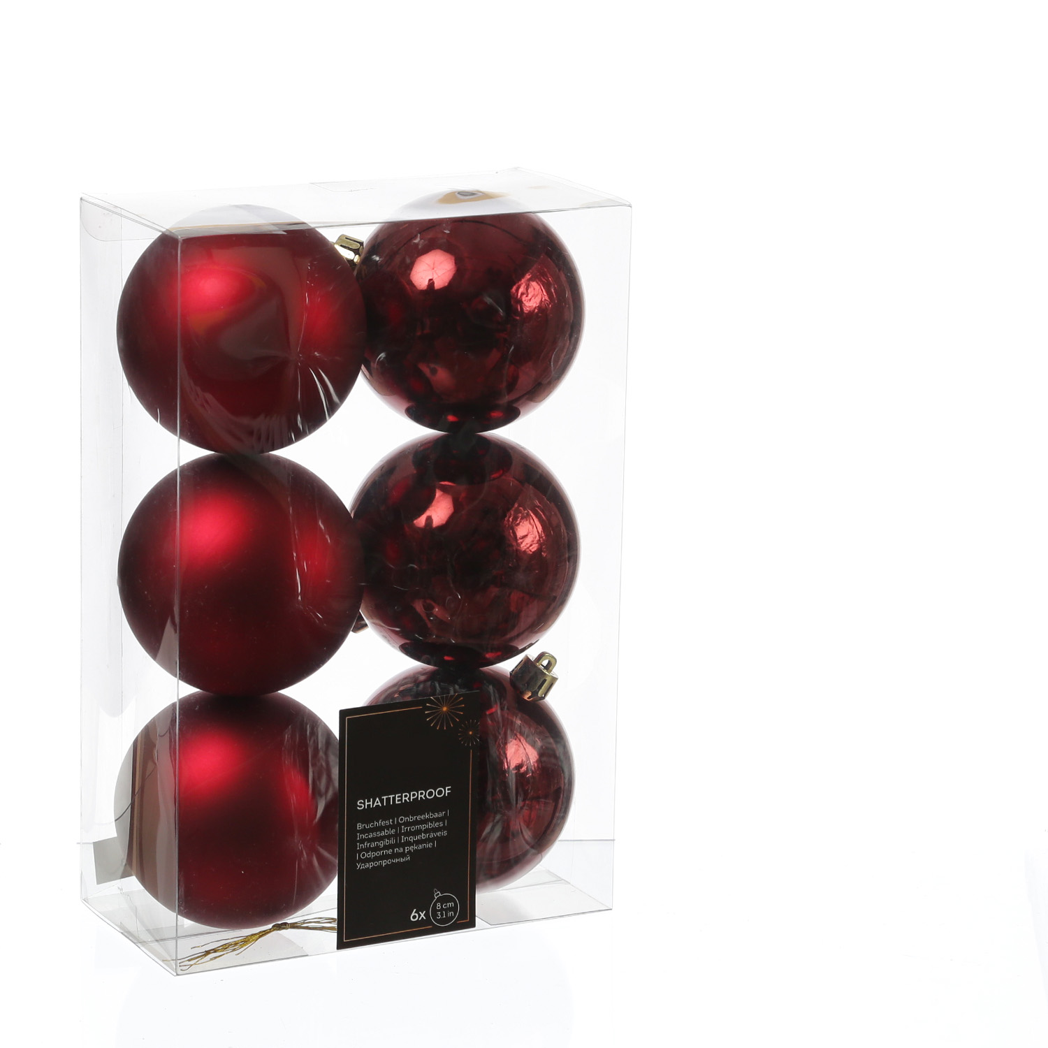 Christbaumkugeln - Weihnachtbaumskugeln - bruchfest - D: 8cm - glänzend/matt  - weinrot - 6er Set