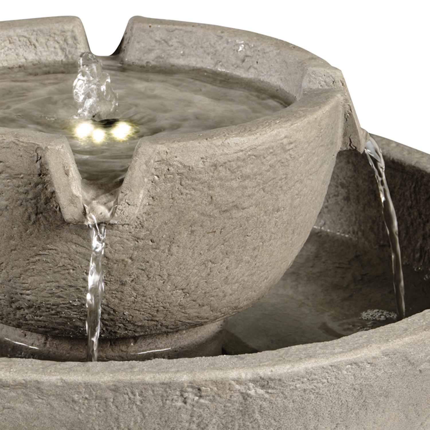 LED Solar Brunnen - Gartenbrunnen - GRC Beton - 6 warmweiße LED - D: 43cm - grau