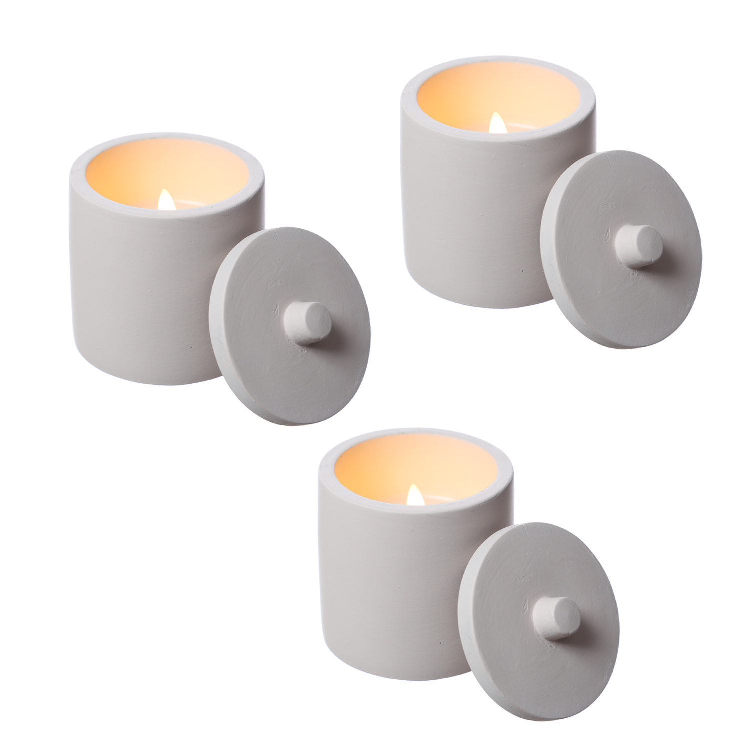 LED Kerzen im Topf - mit Deckel - Betonoptik - Timer - H: 10cm D: 8cm - weiß - 3er Set