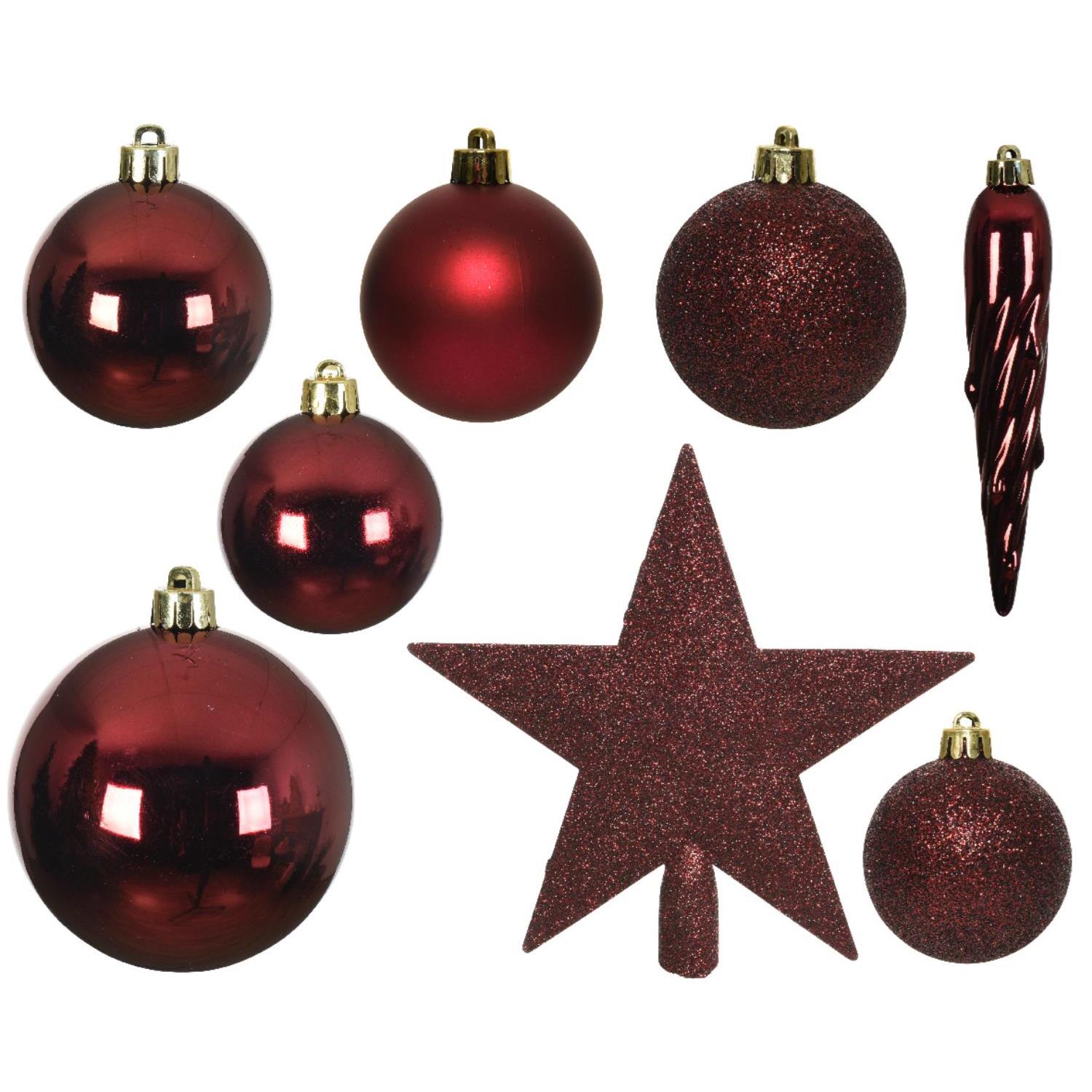 Christbaumkugel - Weihnachtsbaumkugel - bruchfest - glänzend matt glitzernd - weinrot - 33er Set