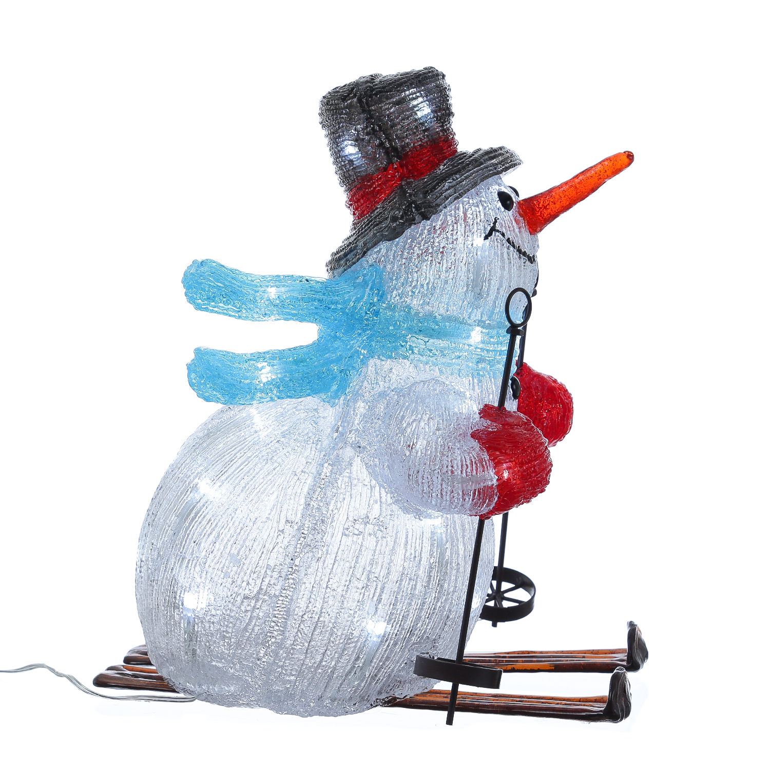 LED Schneemann auf Skiern - Acrylfigur - 30 kaltweiße LED - H: 32cm - Timer - für Außen