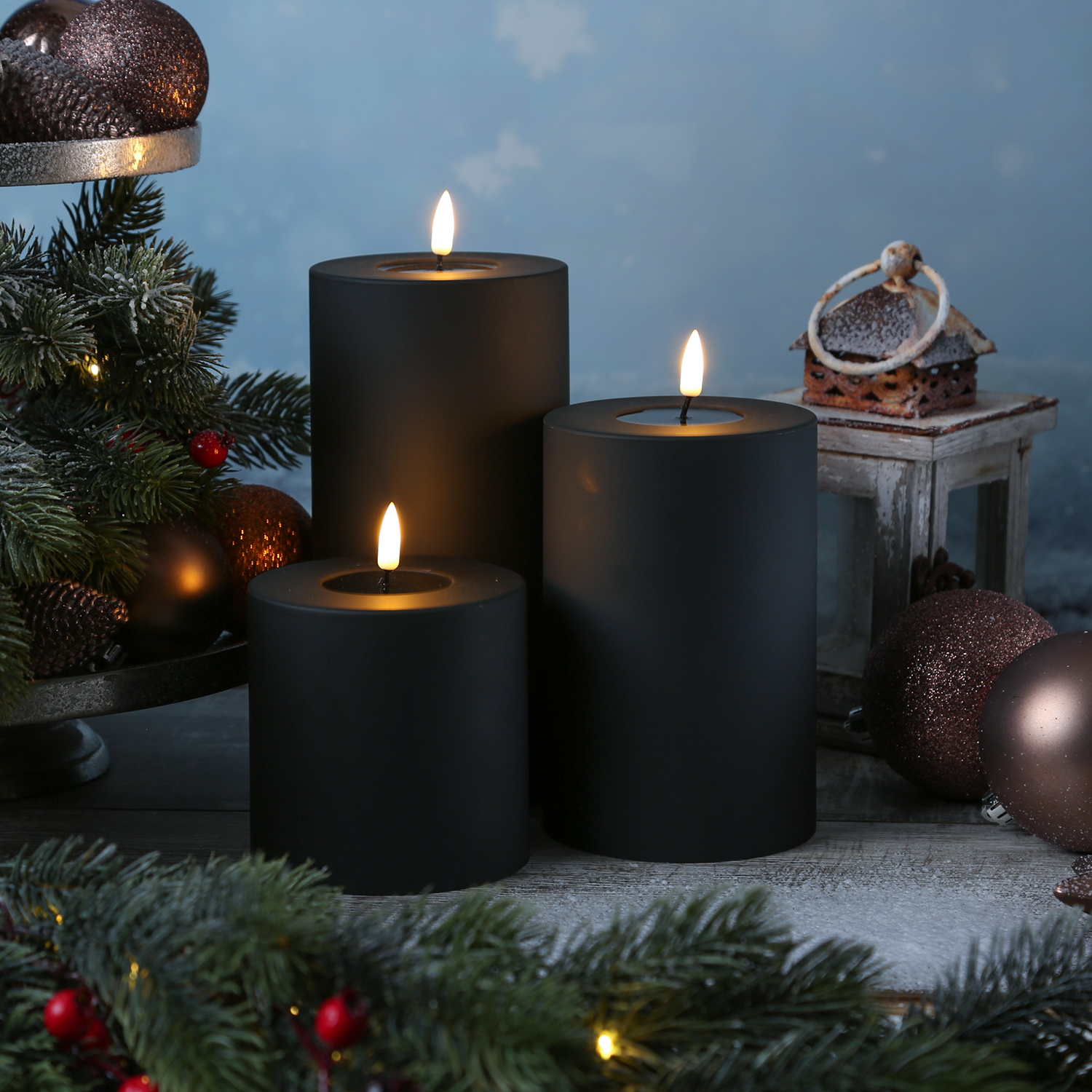 LED Stumpenkerze MIA - Kunststoff - realistische 3D Flamme - H: 20cm - f. Außen - schwarz