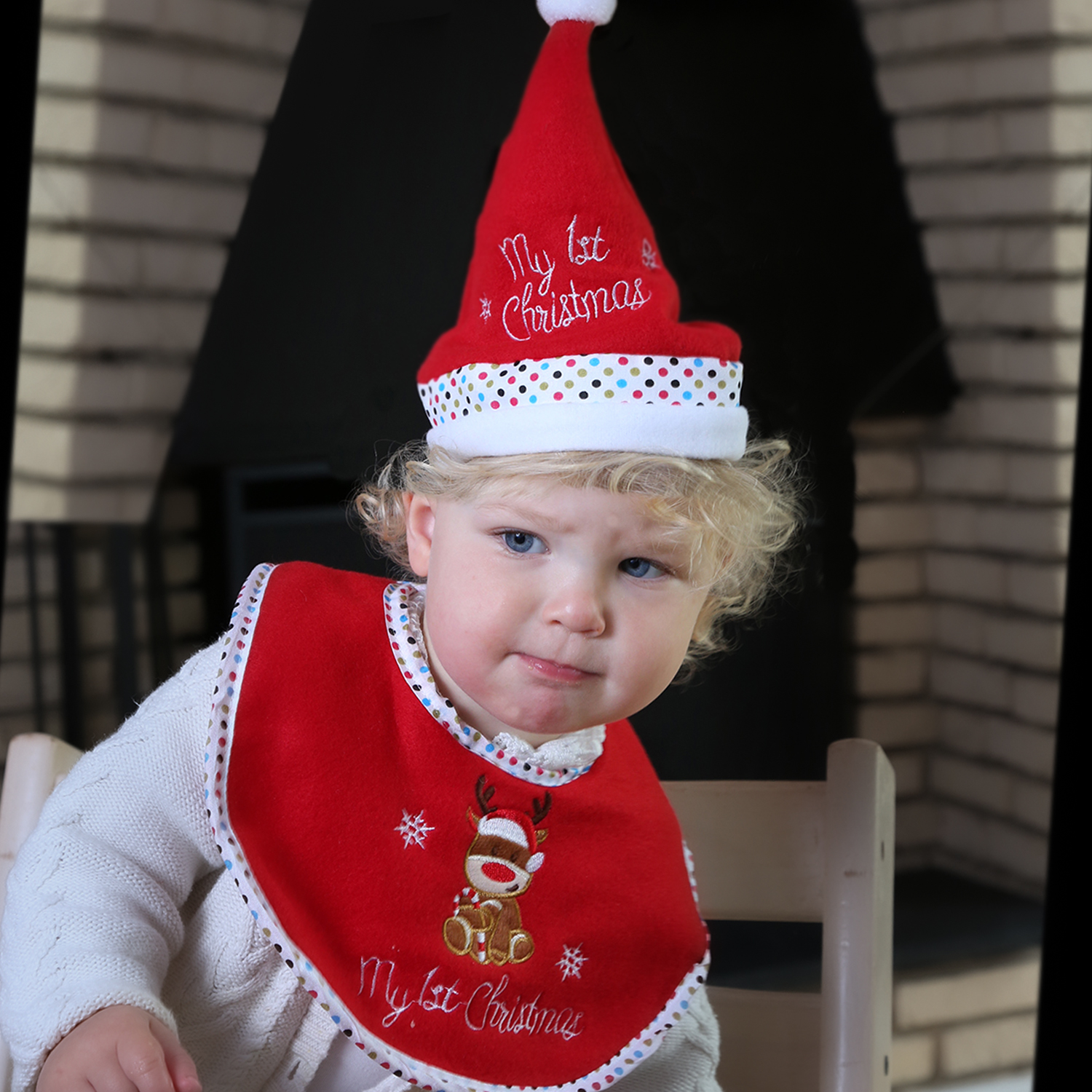 Baby Weihnachts-Geschenkset MY FIRST - Mütze und Lätzchen mit Rentier - Polyester - rot, weiß