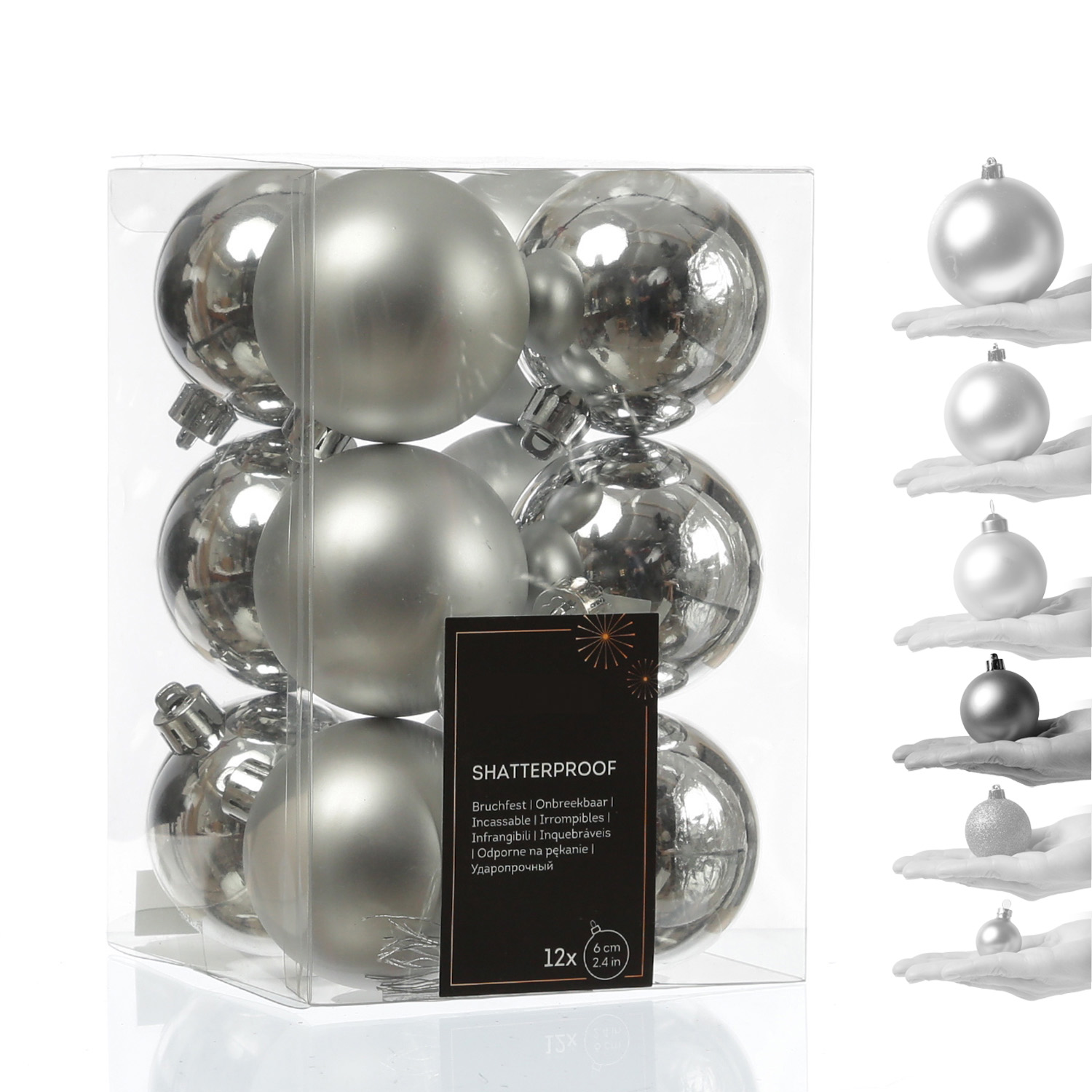 Christbaumkugeln - Weihnachtbaumskugeln - bruchfest - D: 6cm - glänzend/matt  - silber - 12er Set