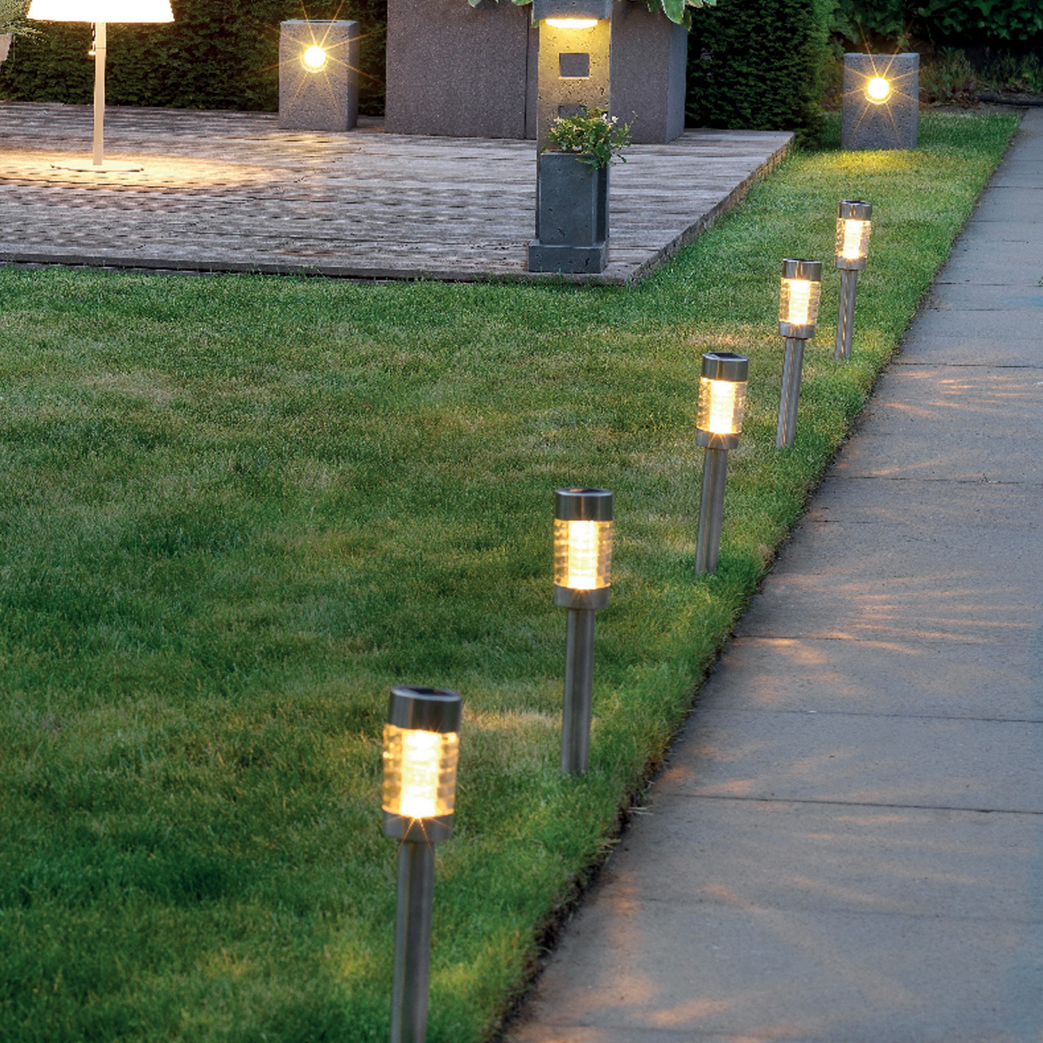 LED Solar Wegleuchten mit Erdspieß - Edelstahl - warmweiße LED - H: 15cm - silber -  10er Set