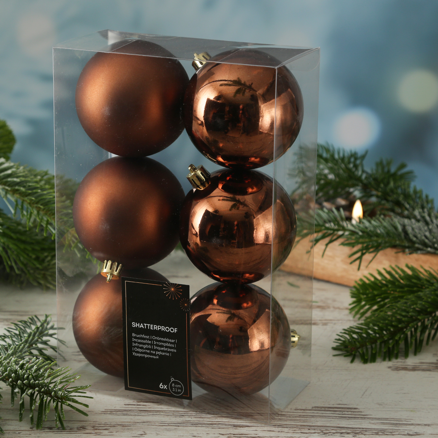 Christbaumkugeln - Weihnachtsbaumkugeln - bruchfest - D: 8cm - glänzend/matt - braun - 6er Set
