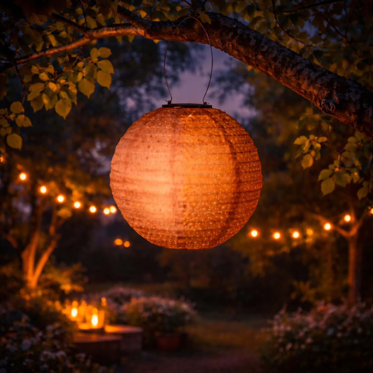 LED Solar Lampion - mit Blumenmuster - warmweiße LED - H: 25cm - D: 25cm - Lichtsensor - braun