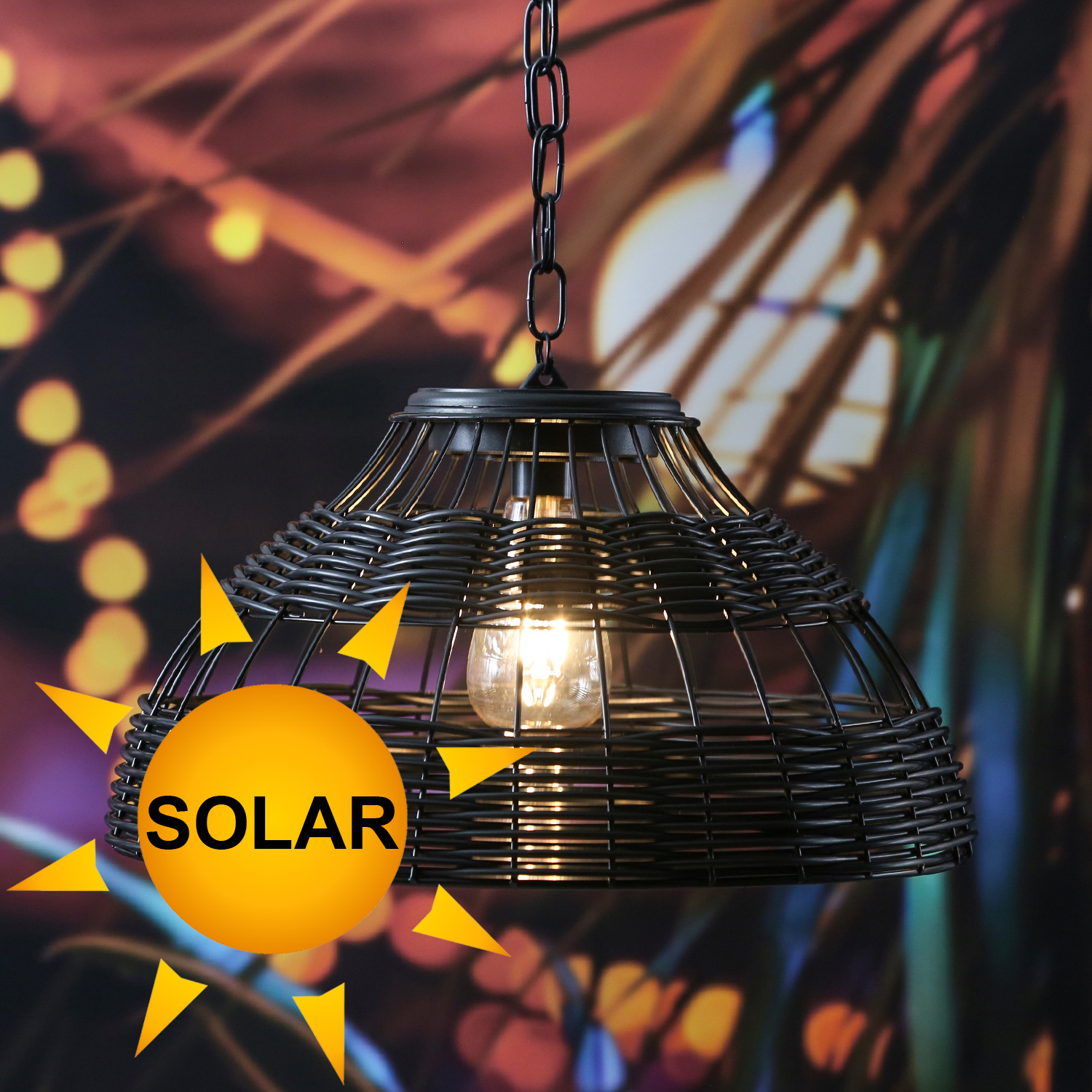 LED Solar Hängeleuchte - Lampenschirm in Korboptik - warmweiße LED - D 37cm - Lichtsensor - schwarz