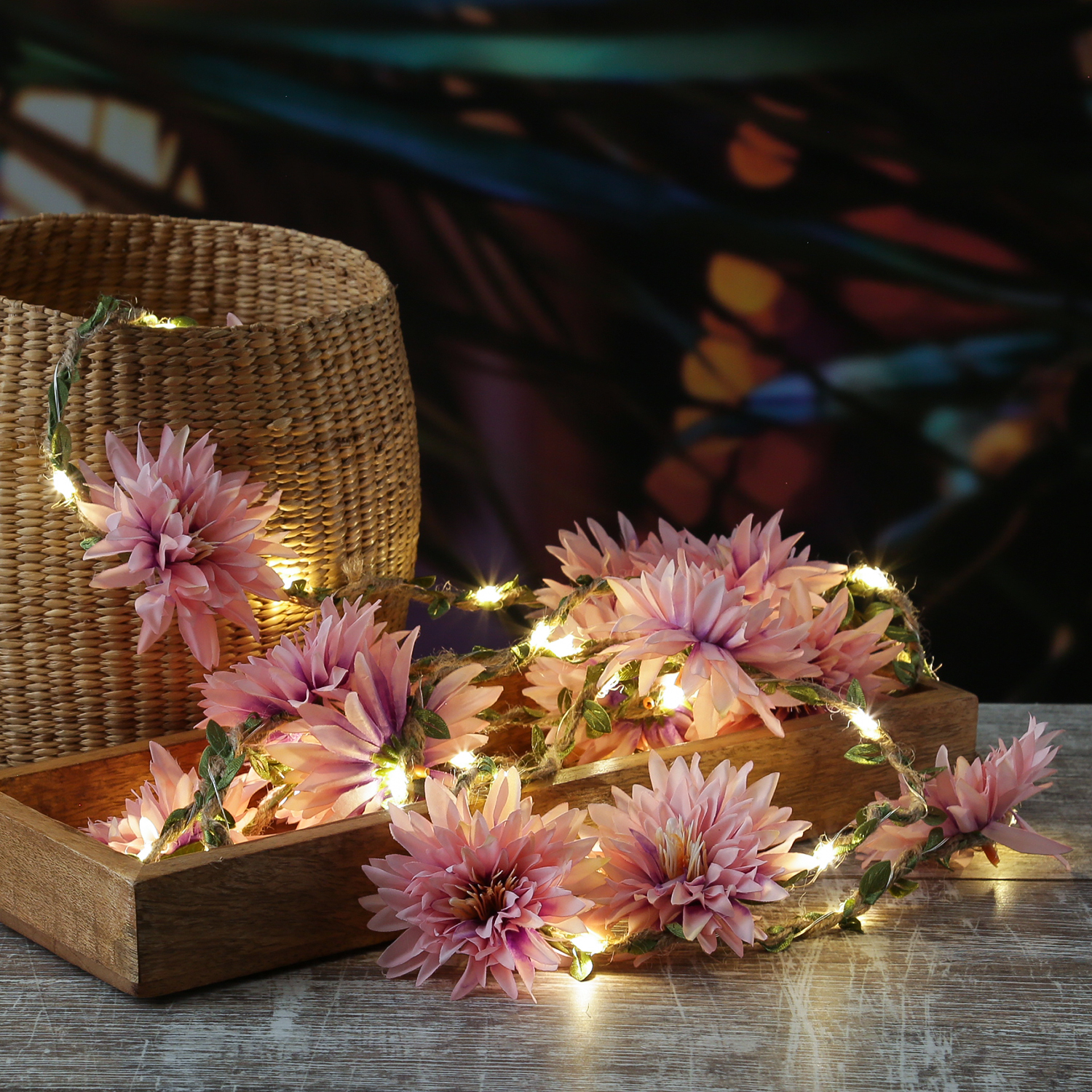 LED Lichterkette Dahlie - Blumengirlande - 30 warmweiße LED - Batterie - Timer - L: 2,9m - rosa
