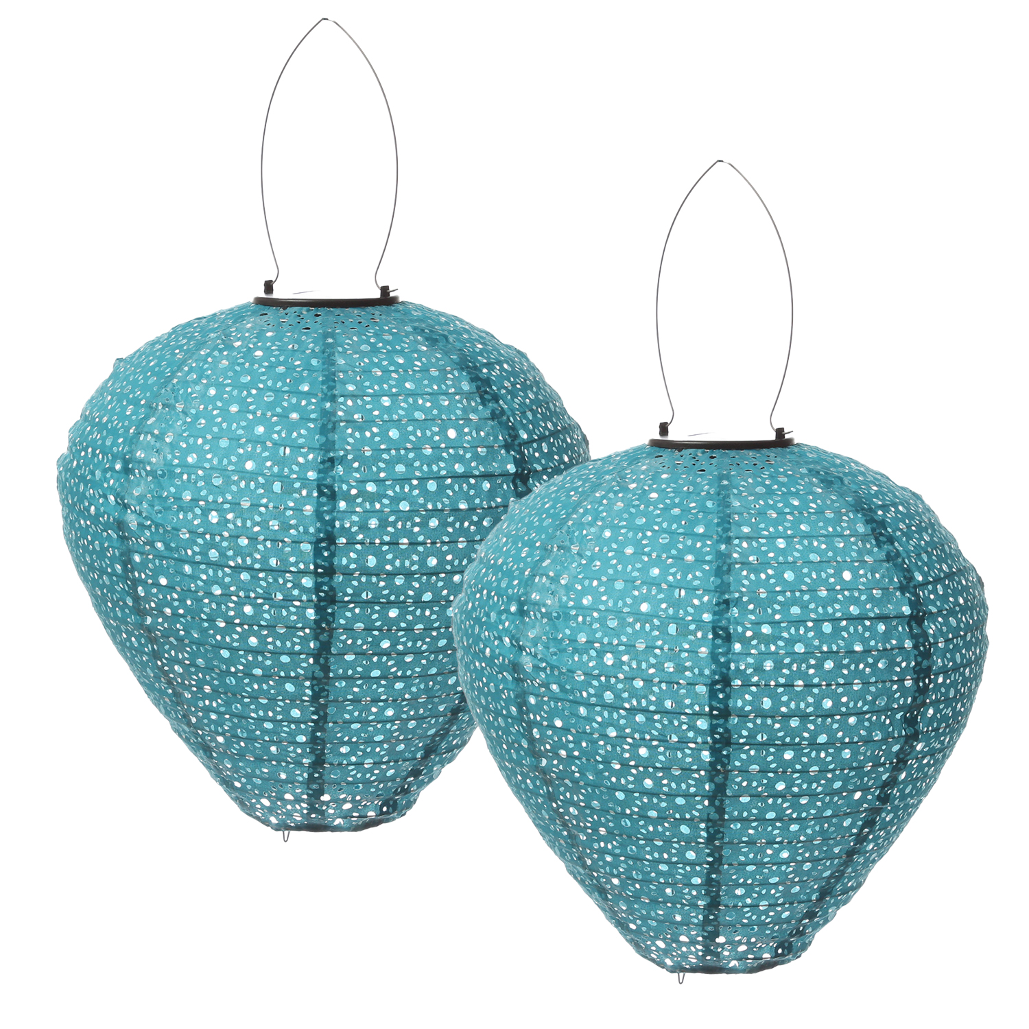 LED Solar Lampion Ballon - mit Blumenmuster - H: 30cm D: 30cm - Lichtsensor - blau - 2er Set