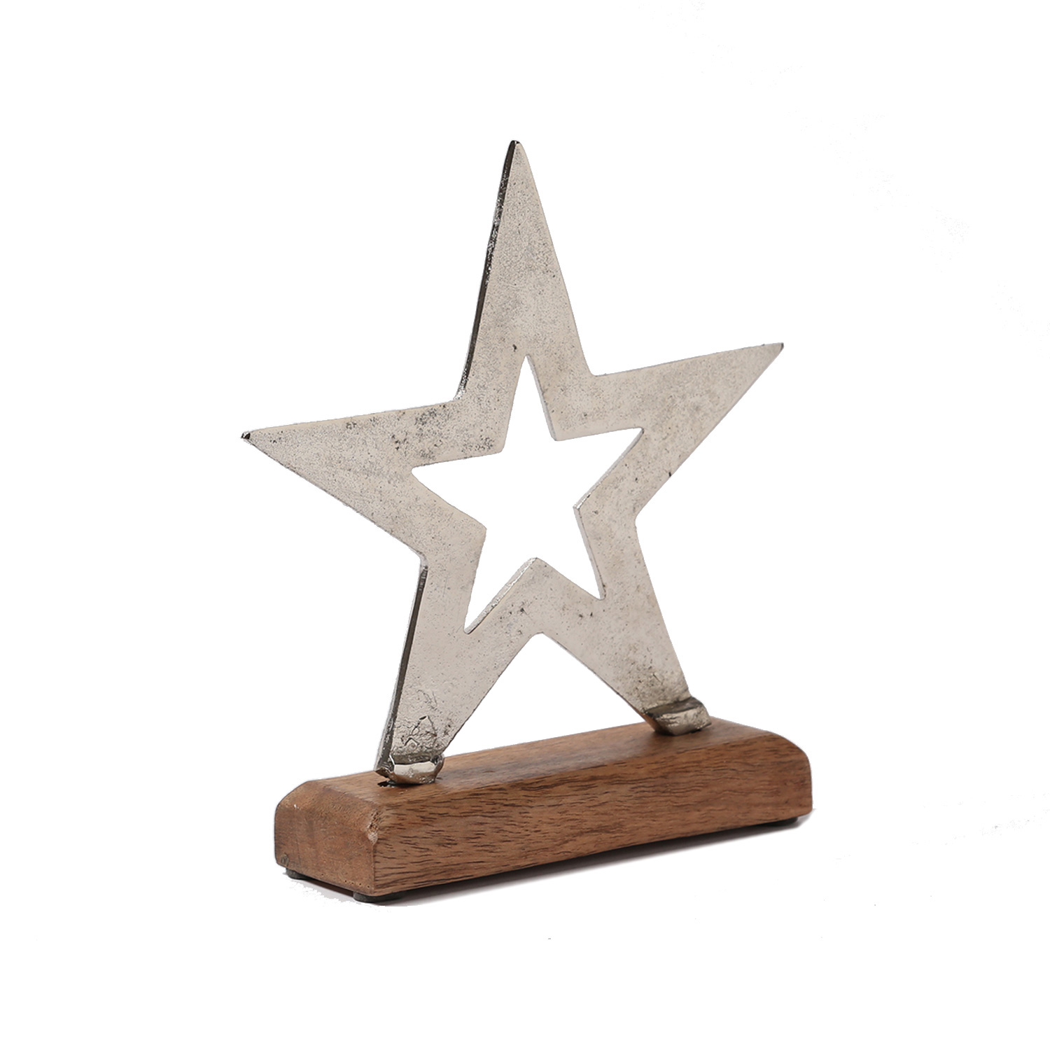 Dekostern aus Aluminium - Metallstern - stehend - Mangoholzsockel - H: 20cm - natur, silber