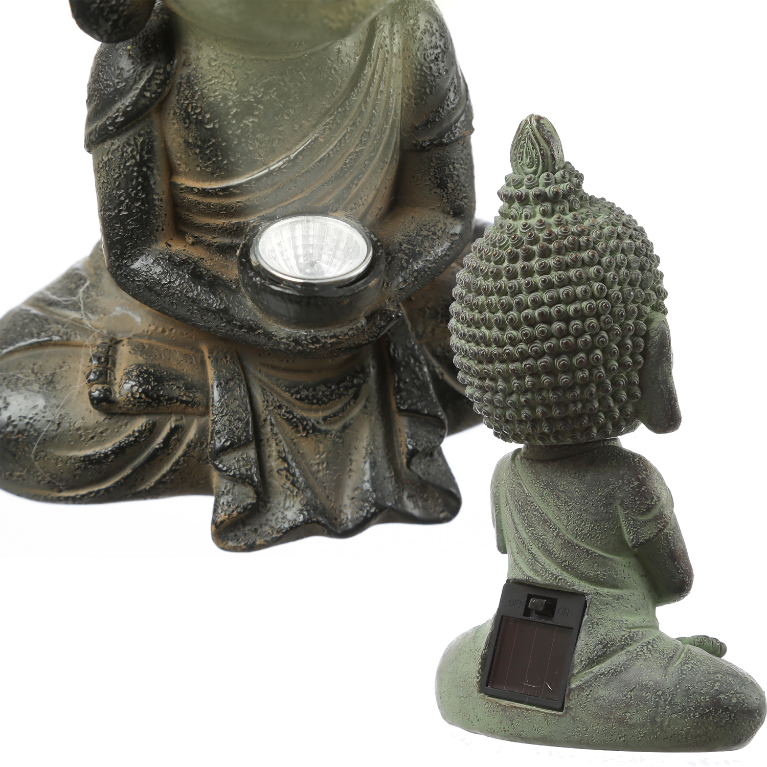LED Solar Buddha mit Wackelkopf - Gartenfigur - Polyresin - H 19cm - Dämmerungssensor - hellgrau