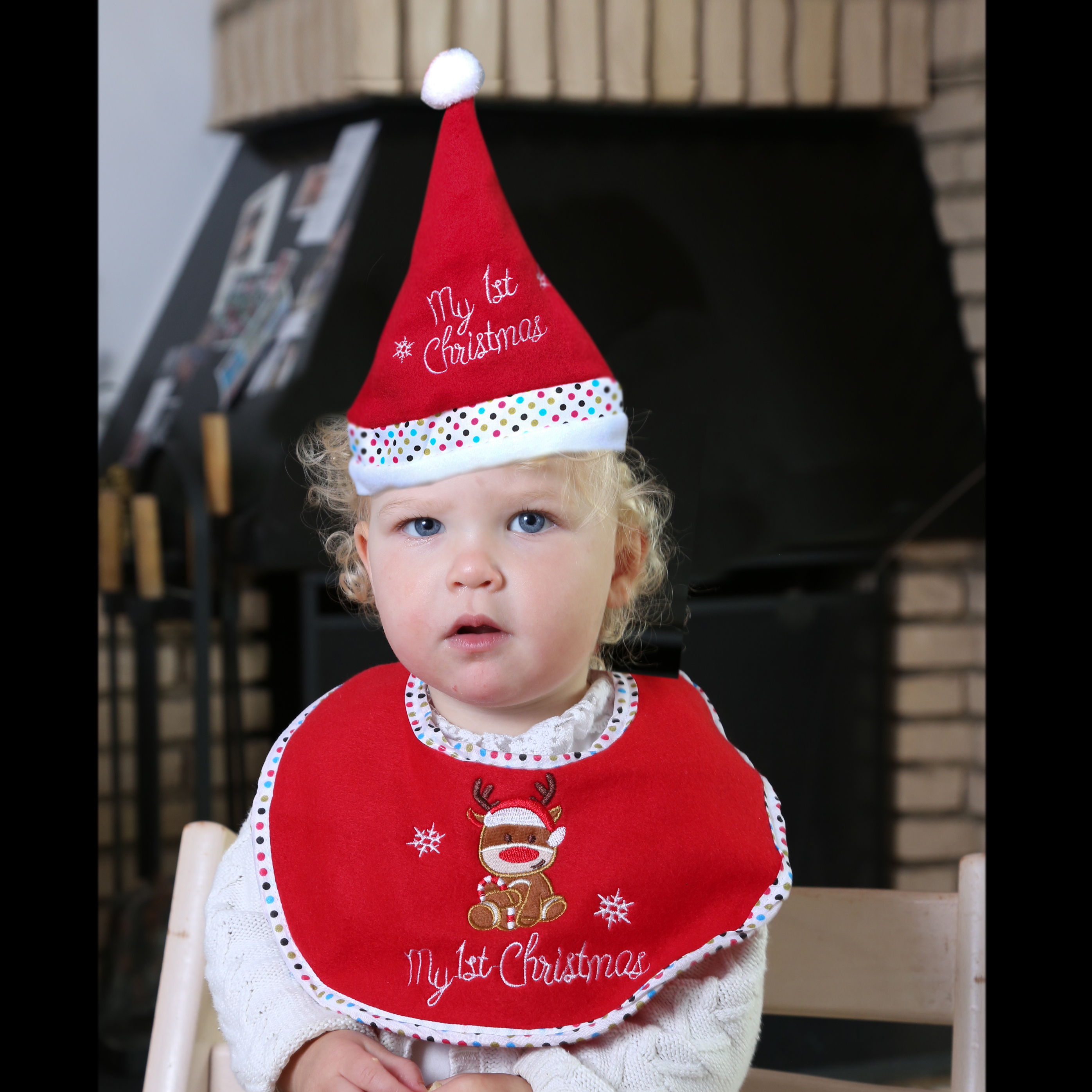 Baby Weihnachts-Geschenkset MY FIRST - Mütze und Lätzchen mit Rentier - Polyester - rot, weiß