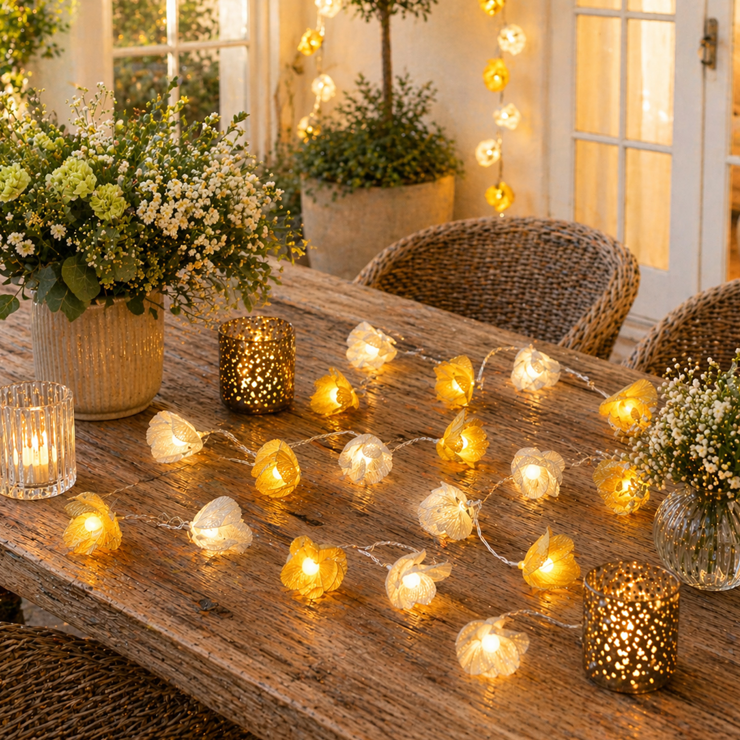 LED Lichterkette Blumen - 15 weiße u. gelbe Blüten - Batterie/Timer - L: 1,4m - Innen/Außen