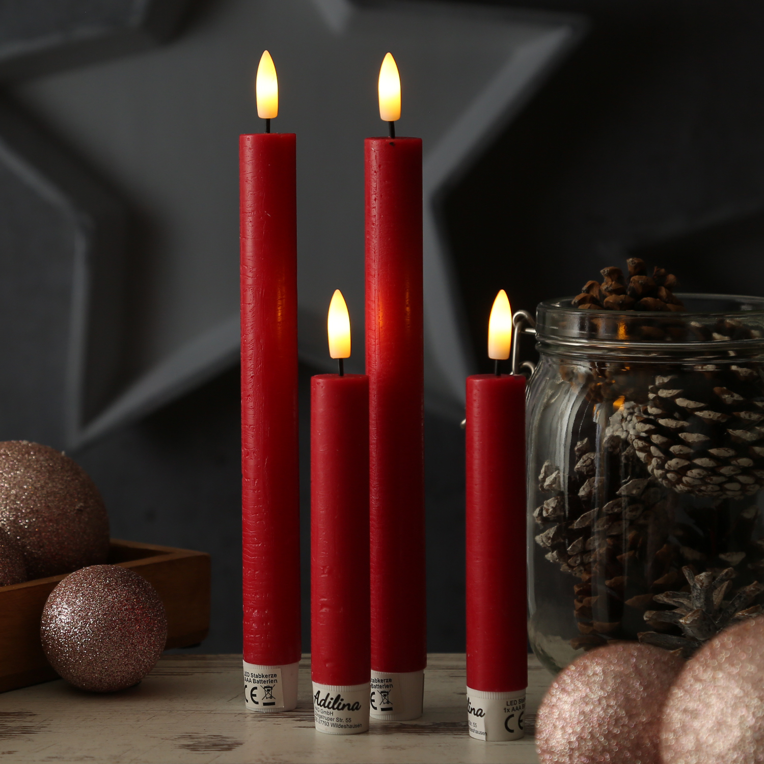 LED Stabkerzen LINA - Rustik-Optik - Echtwachs - 3D Flamme - H: 24cm - Timer - rot - 2er Set
