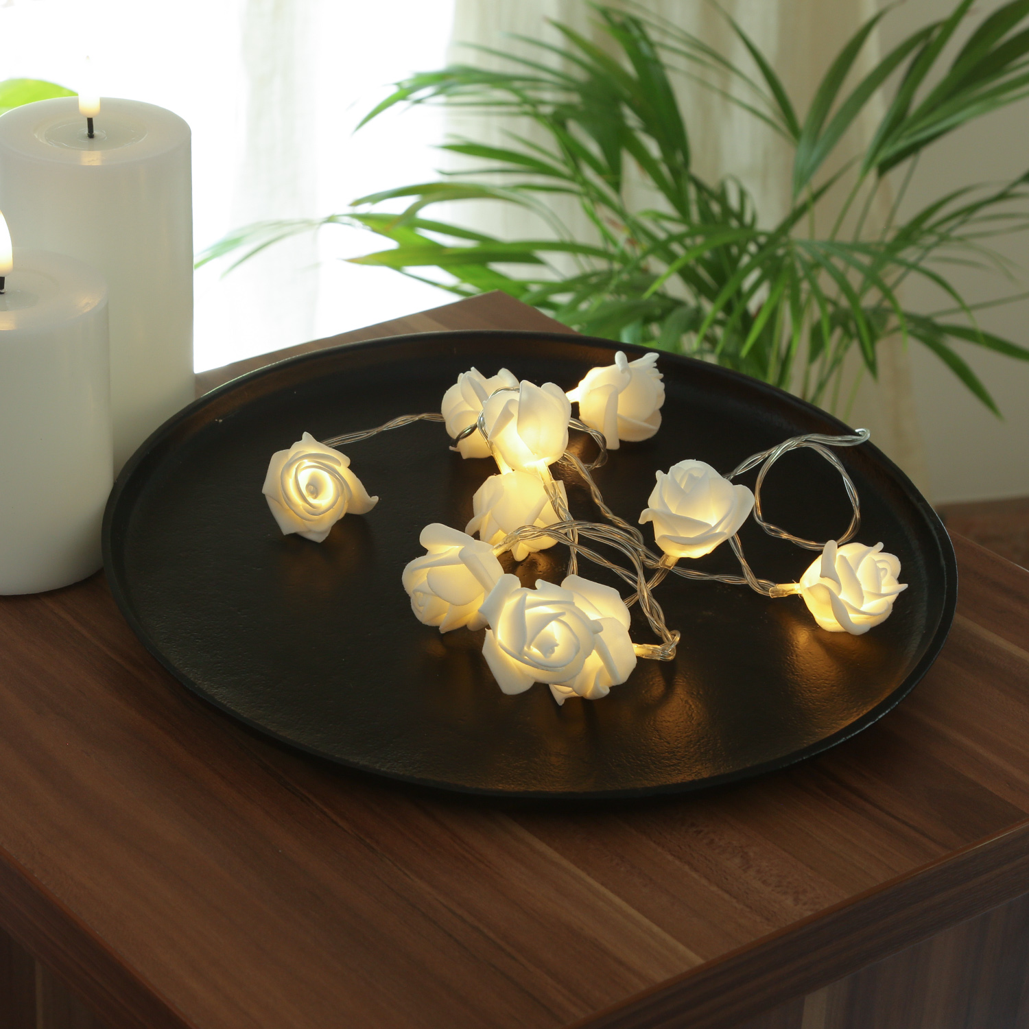 LED Lichterkette Rosen - 10 warmweiße LED - Timer - Batterie - L: 90cm - für Innen - weiß