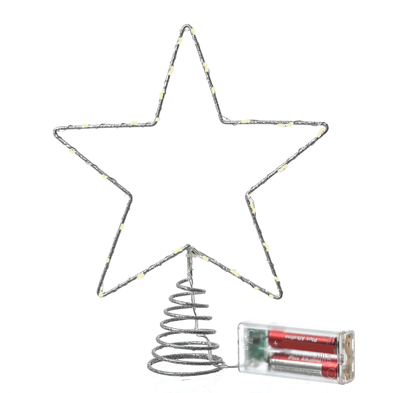 LED Weihnachtsbaumspitze Stern - 20 warmweiße LED - Batterie - Timer - H: 27cm - silber